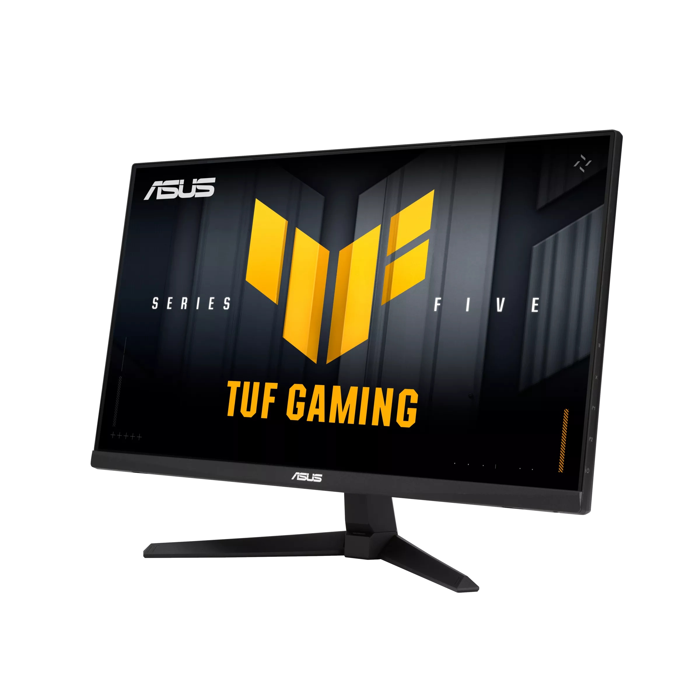 ASUS TUF Gaming monitor fekete háttérrel. Sárga TUF Gaming logót jelenít meg. A monitor szögben van.