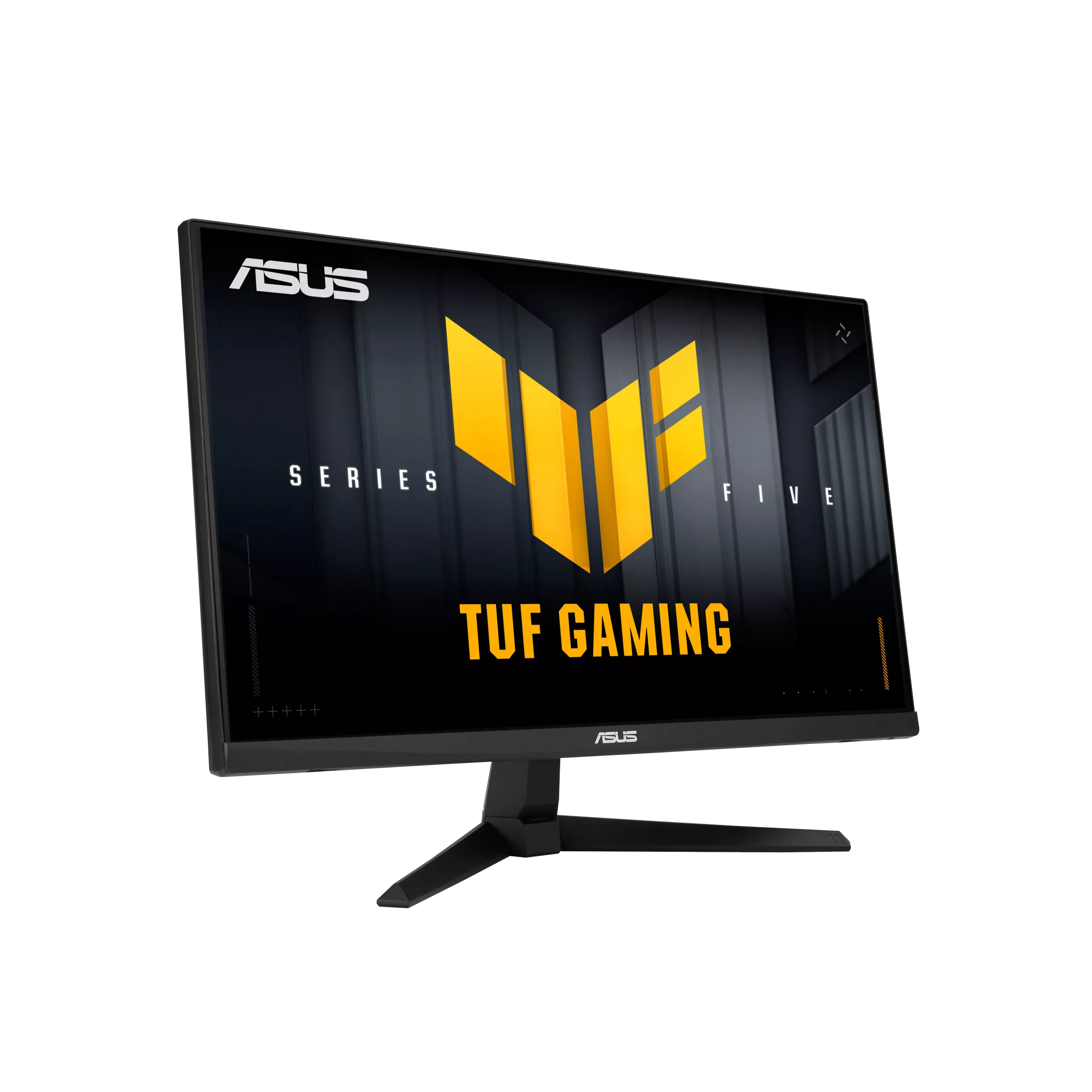 ASUS TUF Gaming monitor. A képernyőn a logó és a 'TUF GAMING' felirat látható. Fekete állvány és háttér.