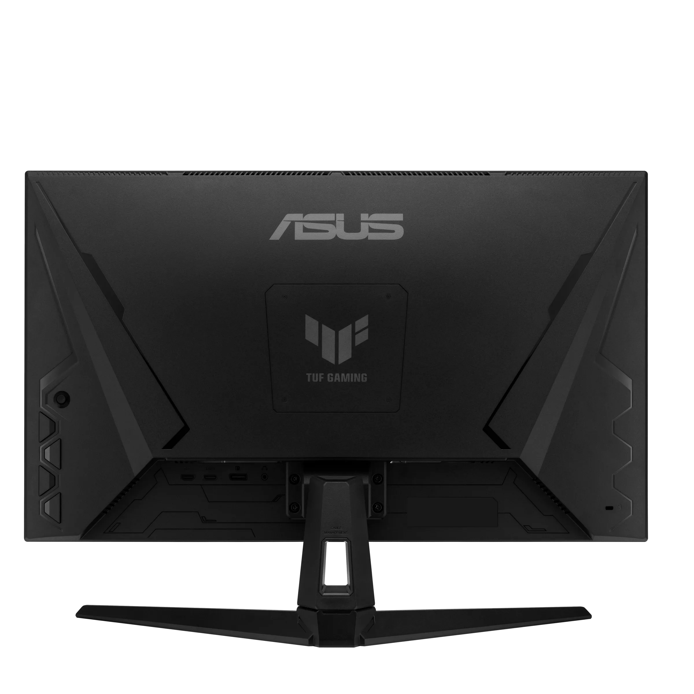 Egy fekete ASUS TUF Gaming monitor hátulja. Látható az ASUS logója, valamint a TUF GAMING logója.
