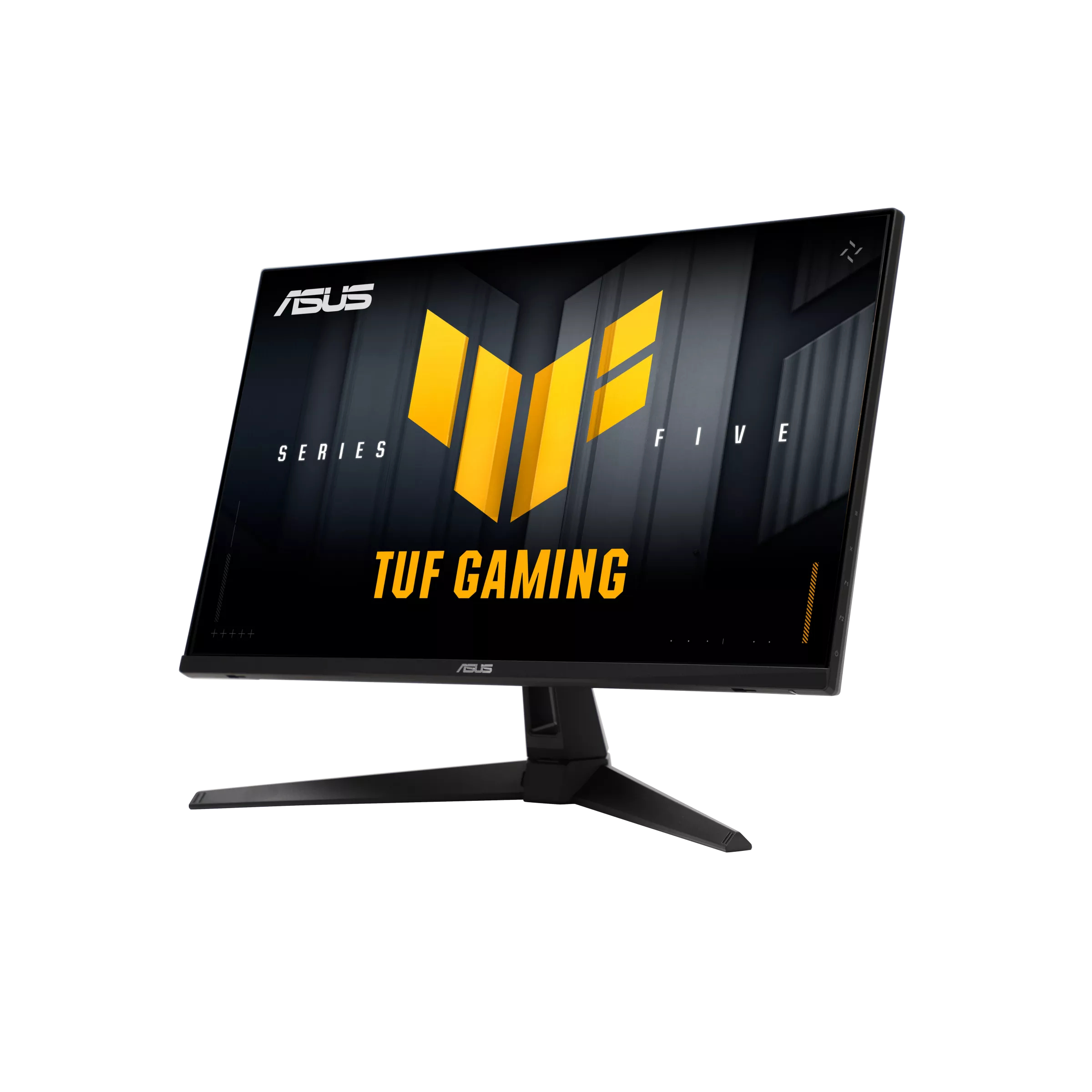 Fekete ASUS TUF Gaming monitor. A képernyőn sárga logó és a 'TUF GAMING' felirat látható.