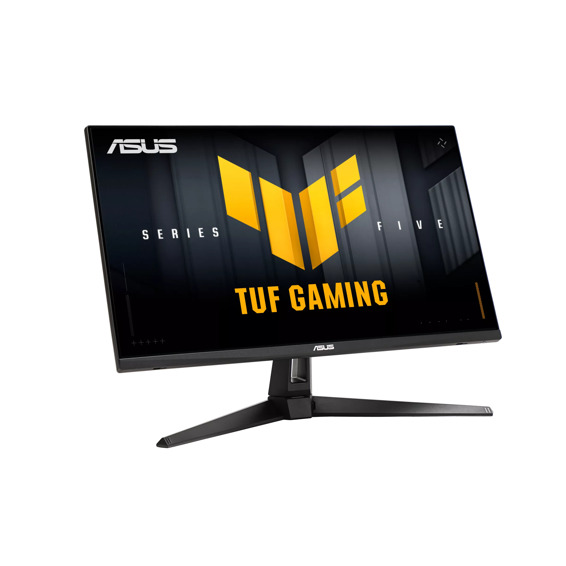 Fekete monitor sárga TUF GAMING logóval fekete háttérben. A márka az ASUS.