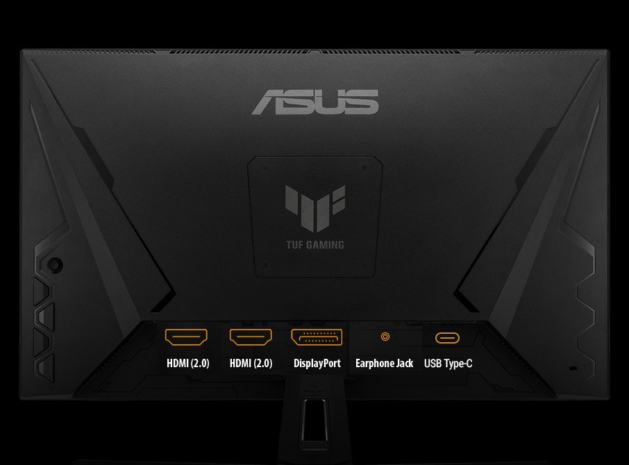Fekete monitor hátlap, ASUS és TUF GAMING logókkal. Portok: HDMI, DisplayPort és USB Type-C.