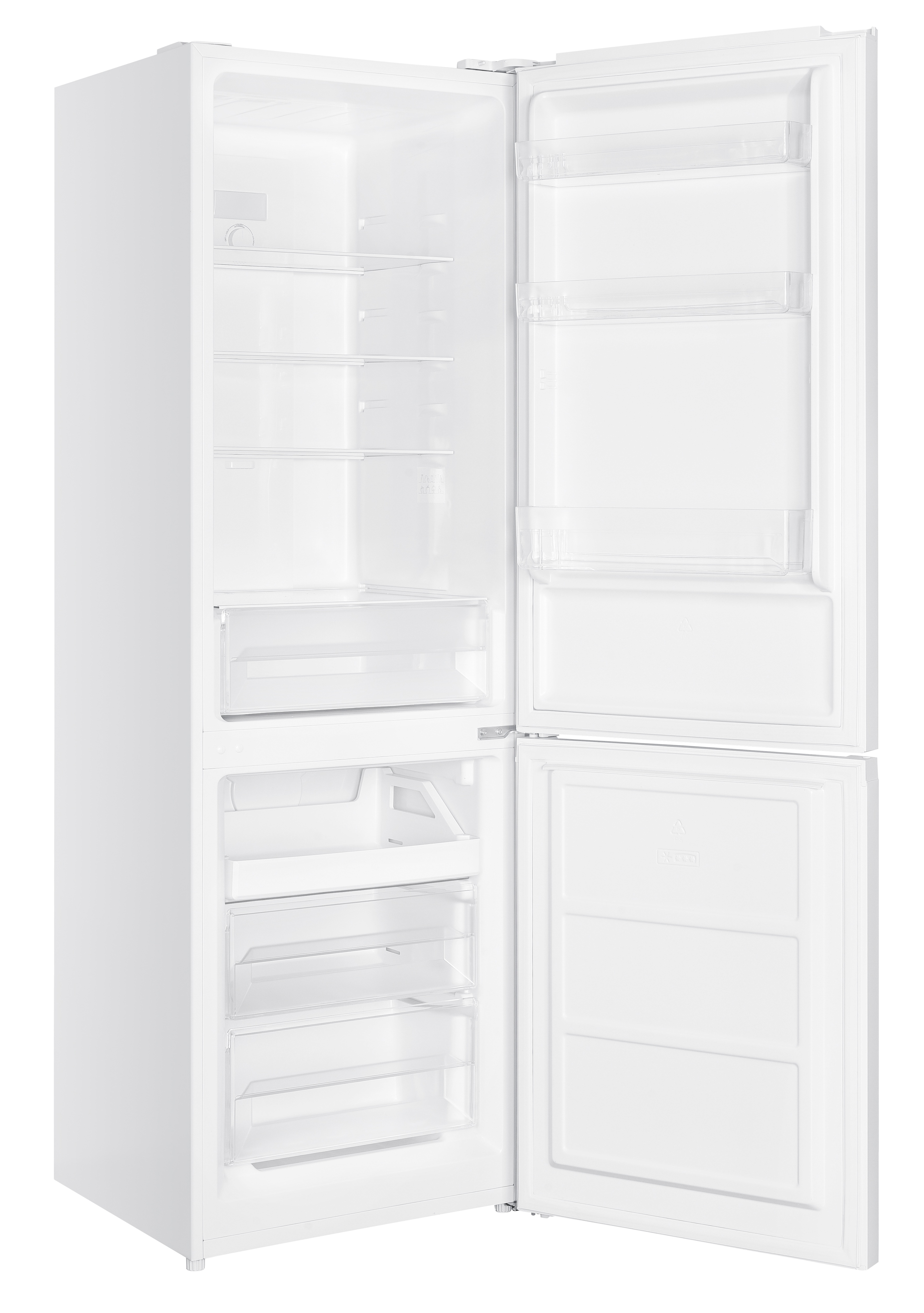 Biała lodówka z otwartymi drzwiami. Wewnątrz widoczne są półki i szuflady. Tło jest białe.