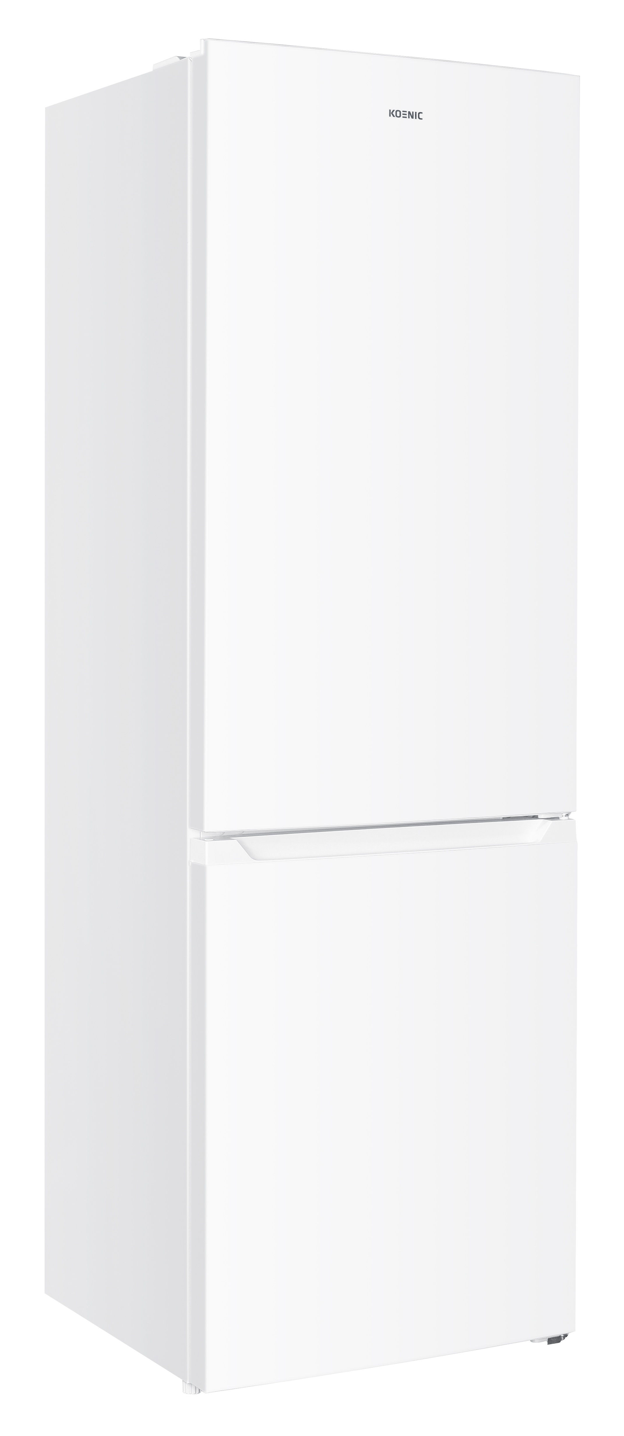 Biała lodówka KOSNIC. Ma dwoje drzwi, górne są mniejsze. Marka znajduje się na górnych drzwiach.
