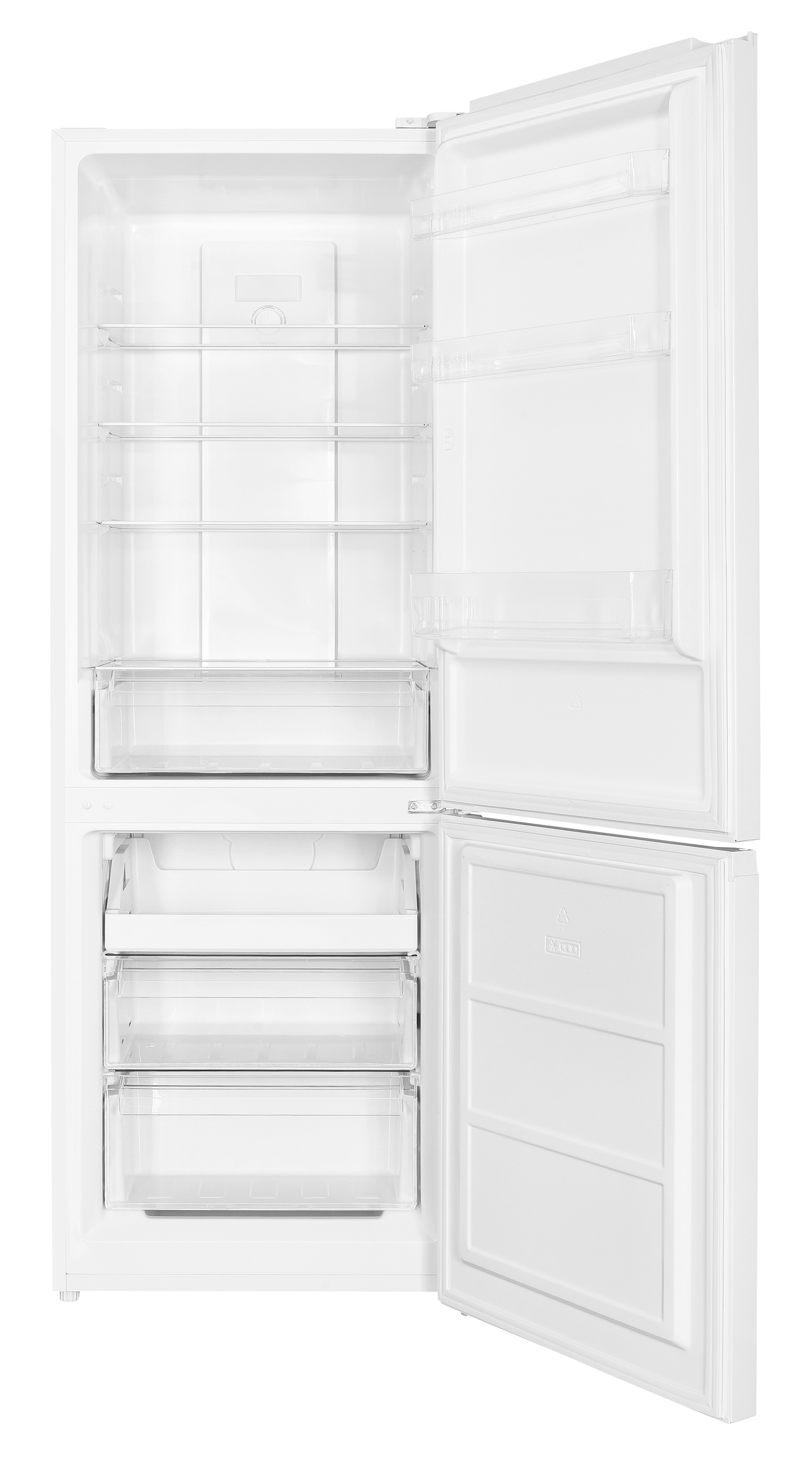 Biała lodówka z otwartymi drzwiami. Wnętrze pokazuje półki, szuflady i zamrażalnik. Puste, czyste urządzenie.