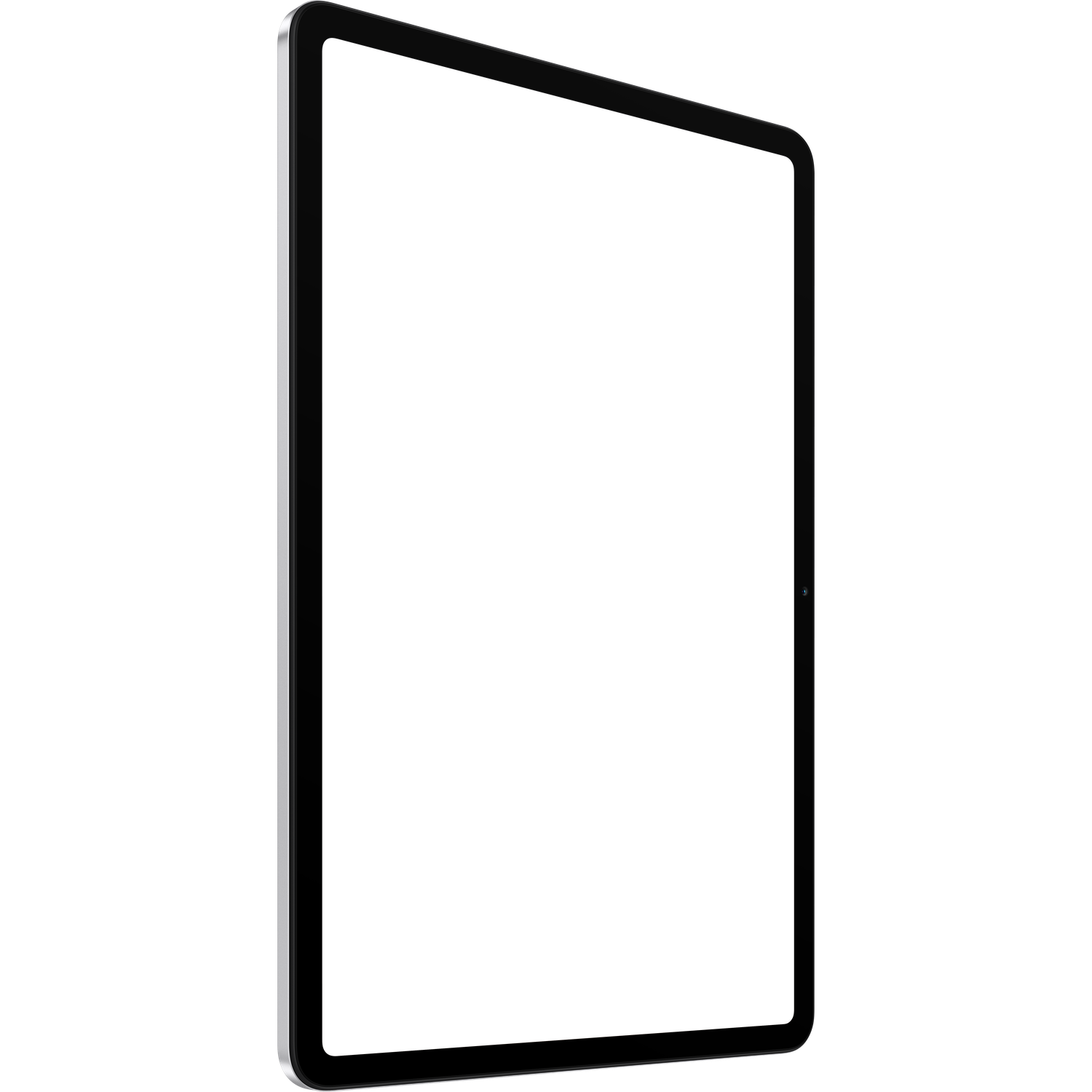 Een tablet met een zwart scherm en een zilveren frame wordt schuin getoond tegen een witte achtergrond. Het scherm is uit.