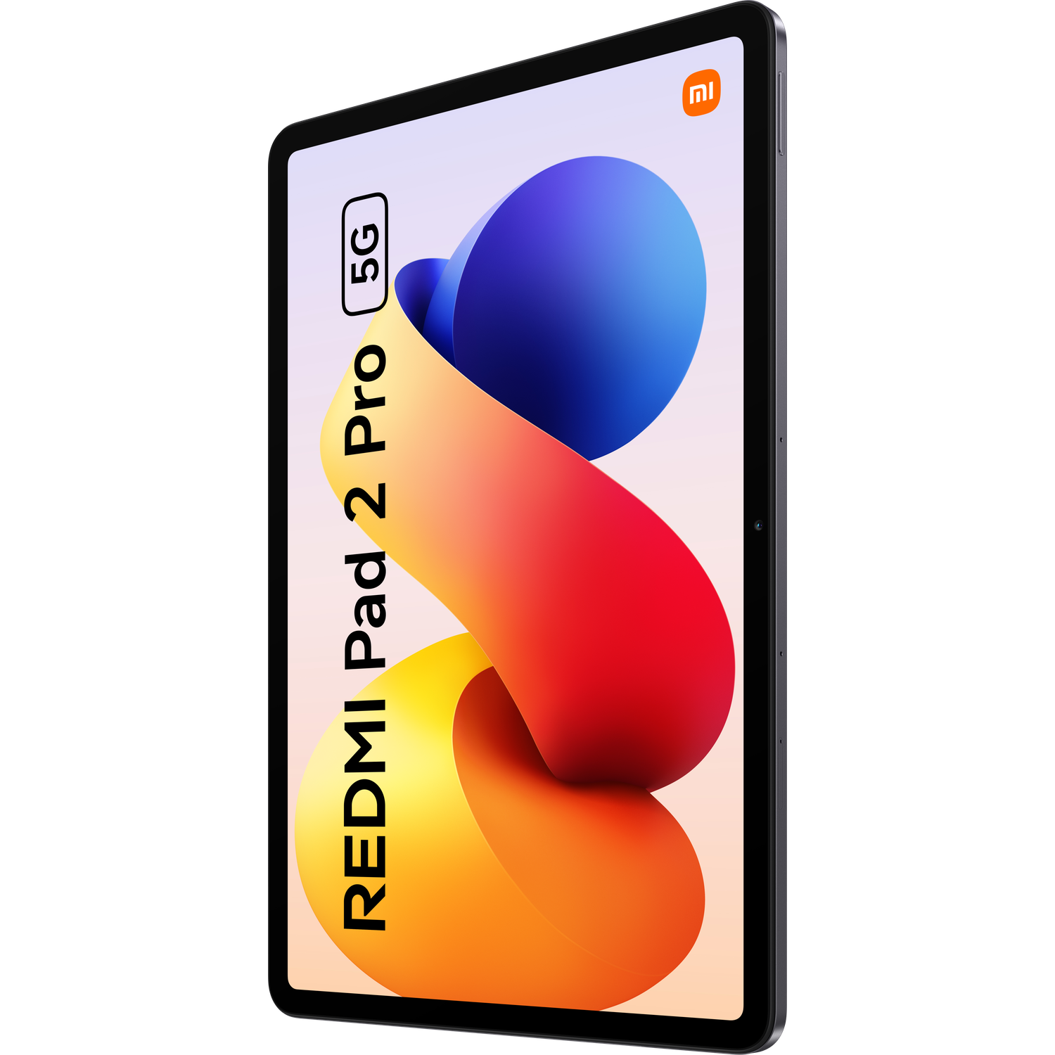 Een Redmi Pad 2 Pro tablet op een zwarte achtergrond. Het scherm toont een abstract ontwerp met oranje, rode en blauwe vormen.