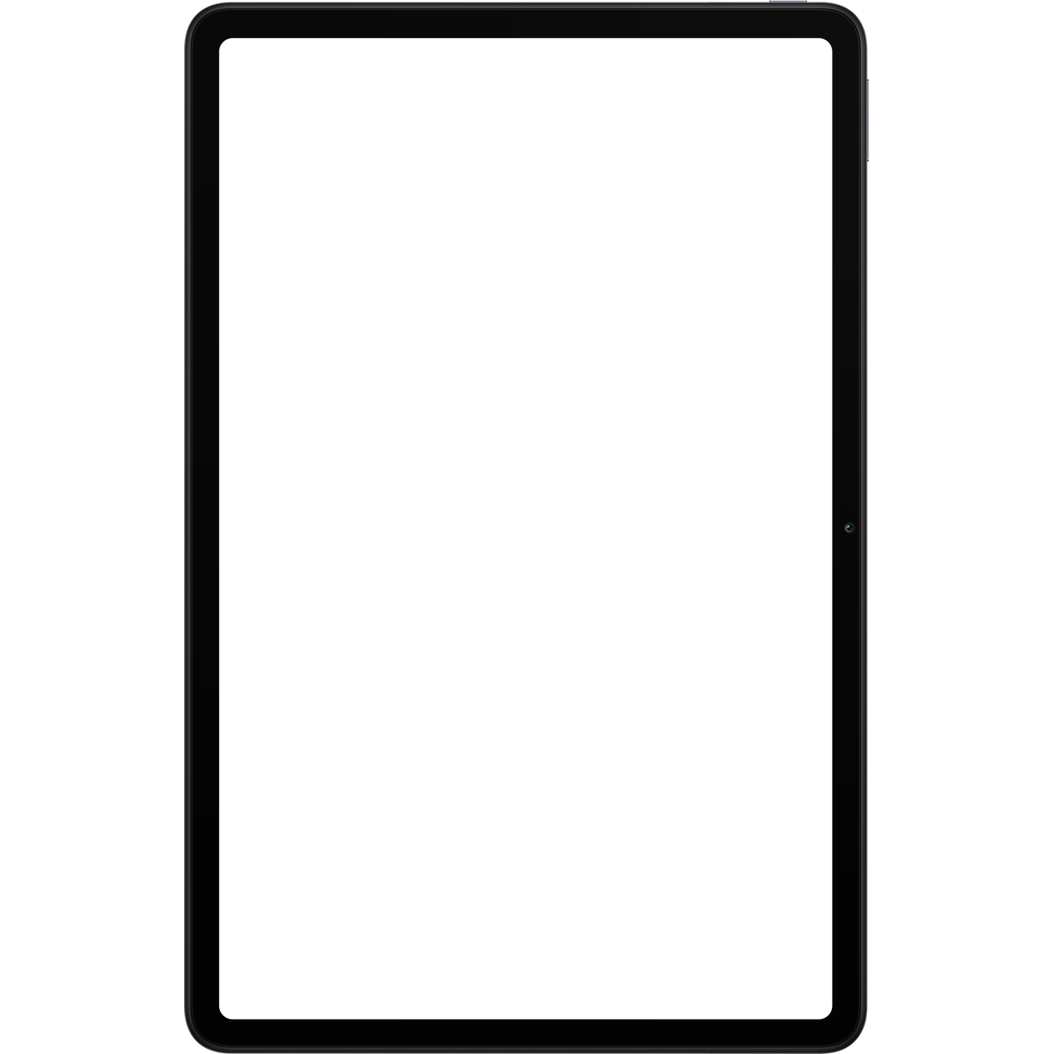 Een zwarte tablet met afgeronde hoeken en een camera aan de voorkant. Het scherm is zwart.