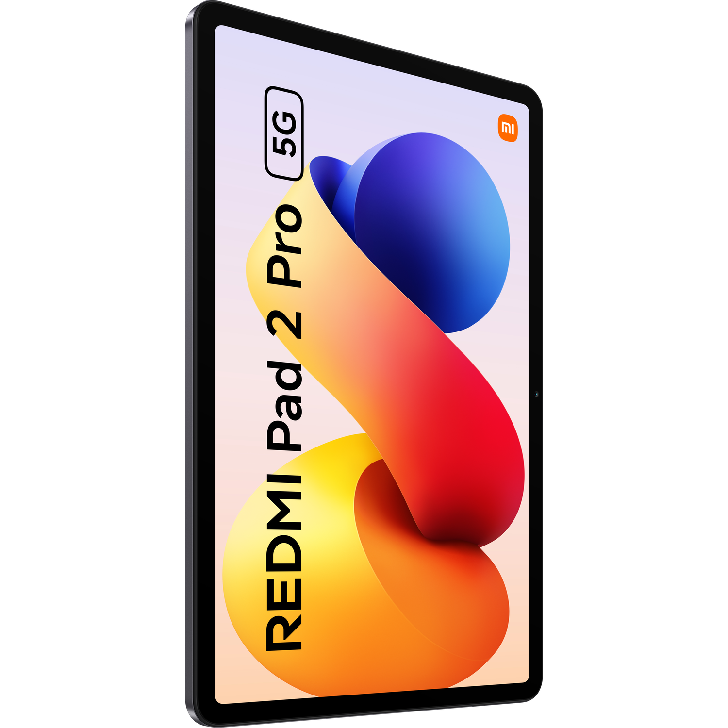 Een Redmi Pad 2 Pro tablet toont een kleurrijk abstract ontwerp. De tablet is zwart, met het 'Redmi Pad 2 Pro' logo.