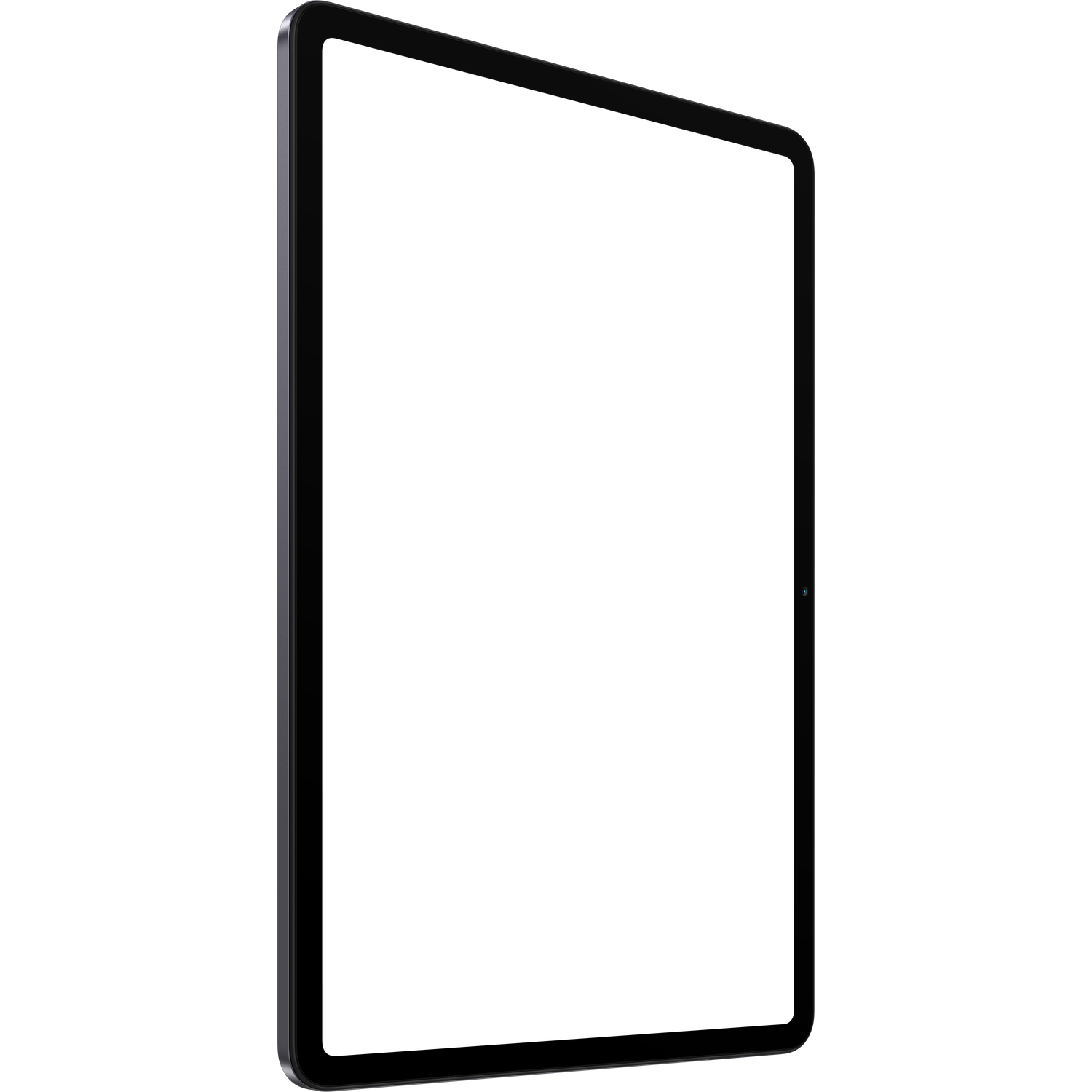 Een zwarte tablet, lichtjes gekanteld, op een witte achtergrond. Het scherm is donker, de rand zilver.