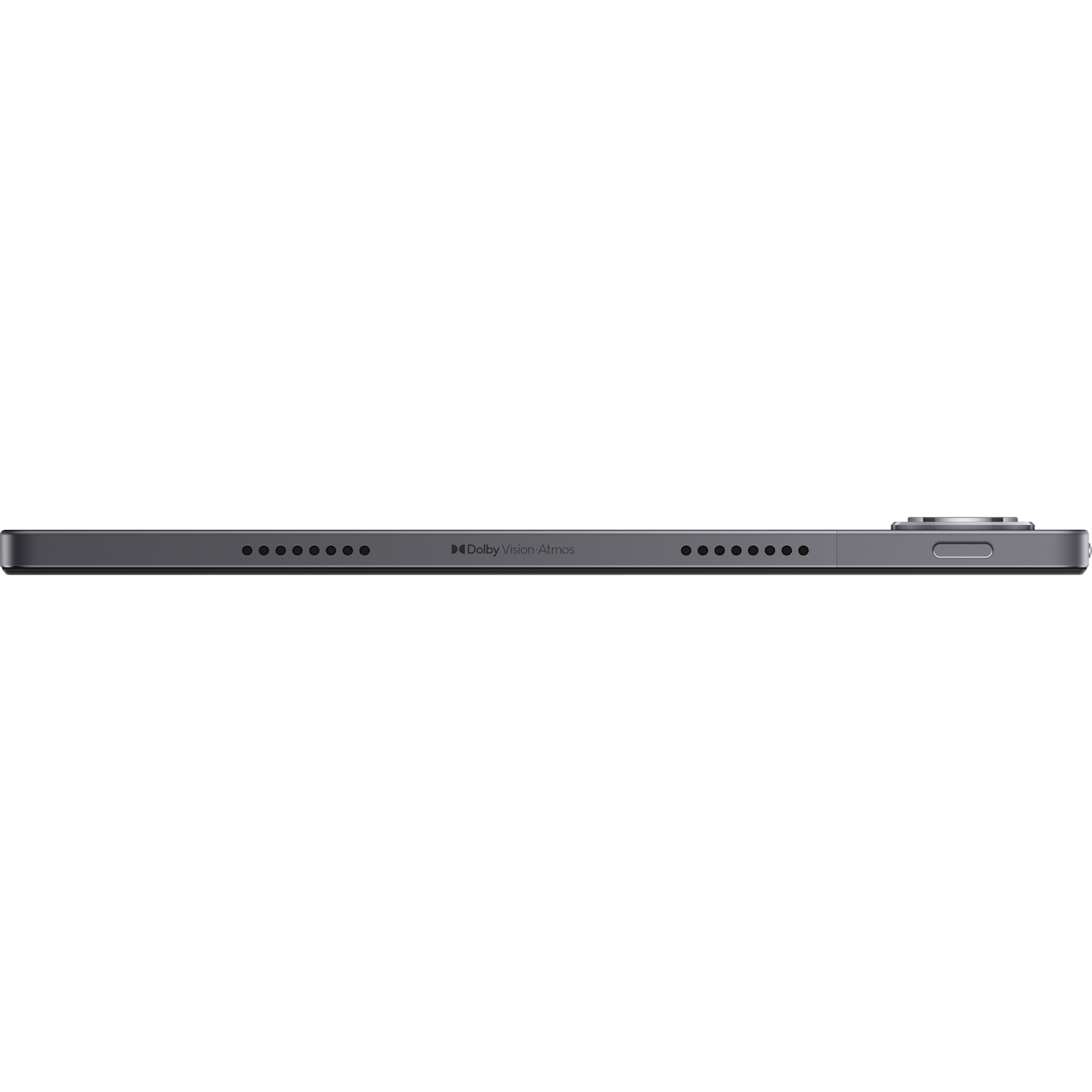 Zijaanzicht van een donkergrijze tablet. Zichtbaar zijn luidsprekers, een aan/uit-knop en de woorden Dolby Vision Atmos.