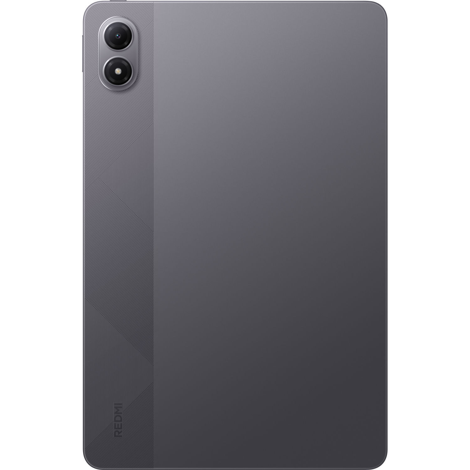 Grijze tabletachterkant met twee cameralenzen. Gestructureerd paneel links, Redmi-logo. Strak, modern design, met afgeronde hoeken.