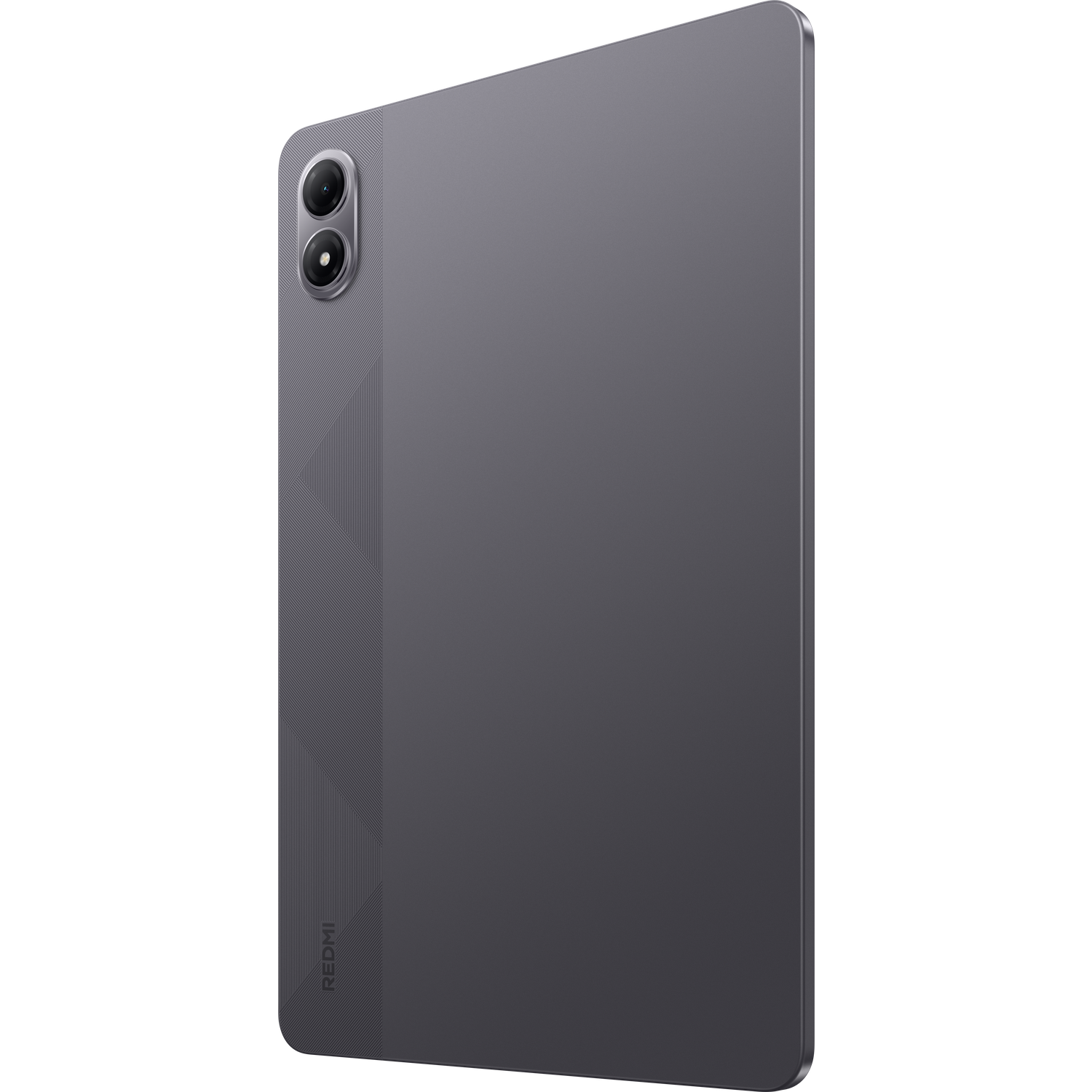 Achterkant van een grijze tablet met twee camera's. Het Redmi-logo is zichtbaar. Het oppervlak heeft een matte afwerking.