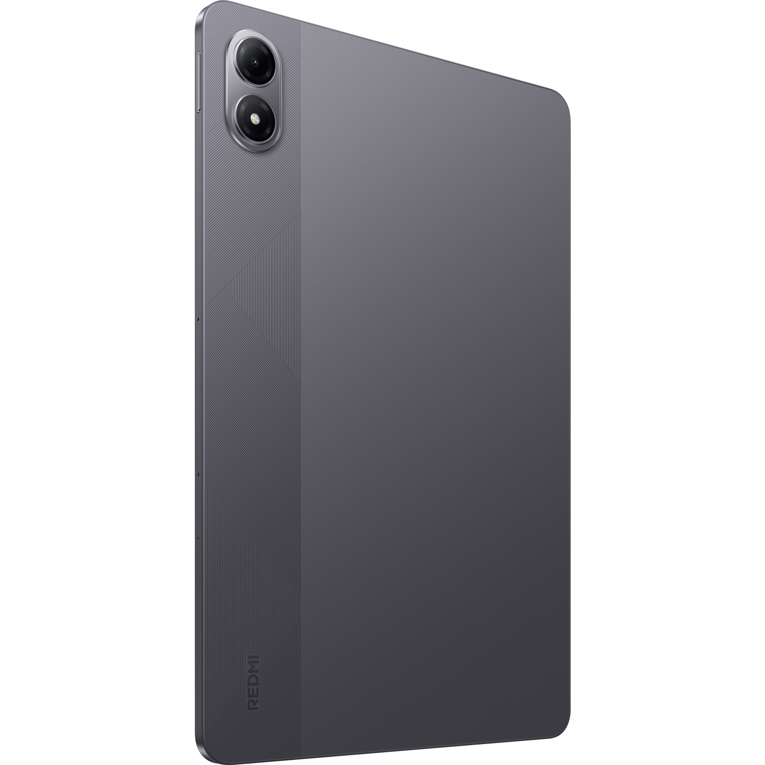 Een donkergrijze tablet met een dubbele cameralens en het woord 'REDMI' aan de zijkant. De achtergrond is wit.