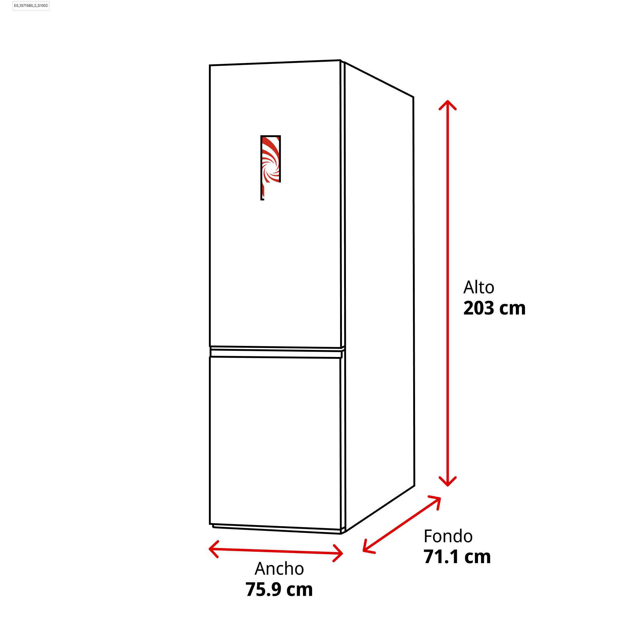 Ilustración de un refrigerador. Es blanco, con contornos negros y flechas rojas que muestran las dimensiones: 203 cm de alto, 75,9 cm de ancho, 71,1 cm de fondo.