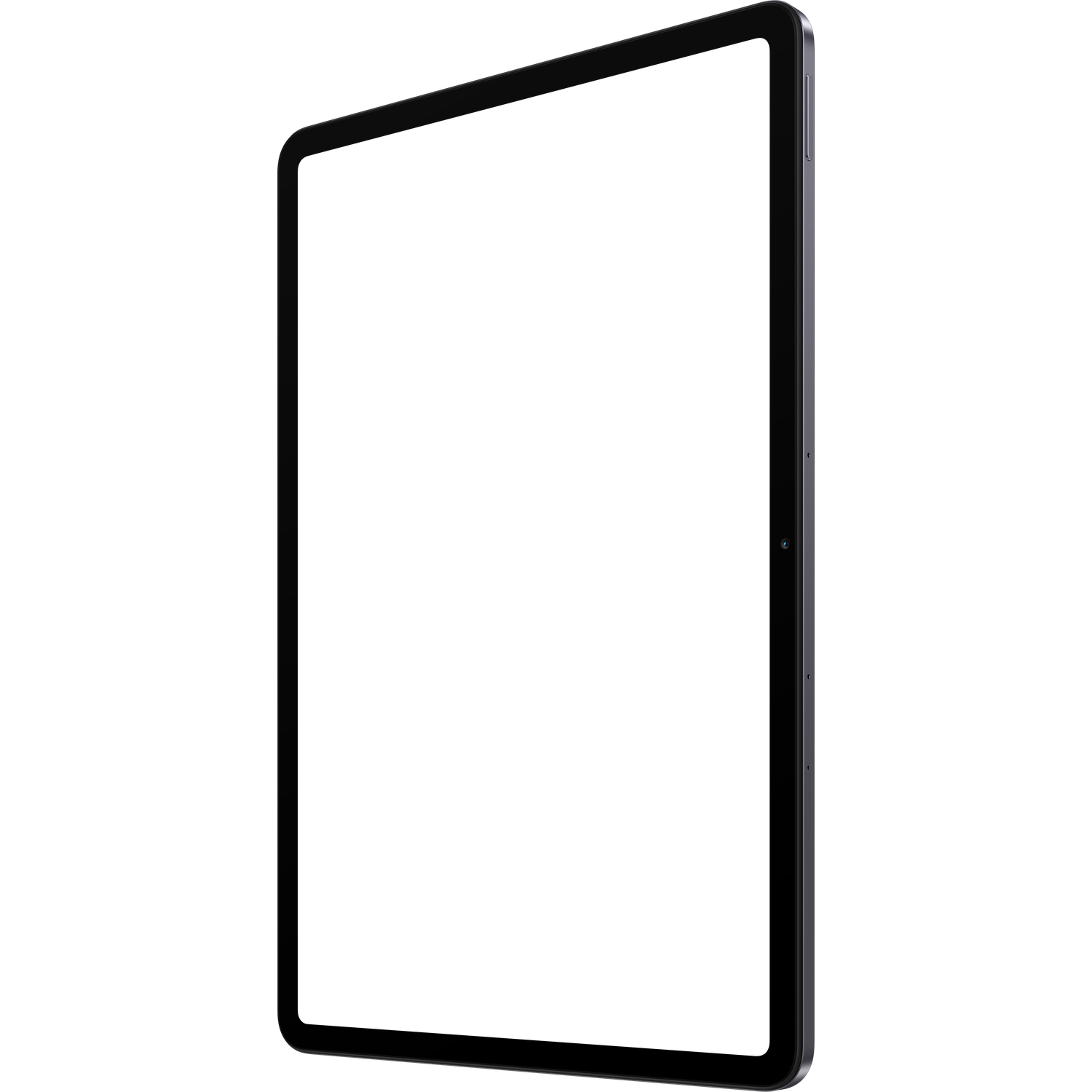 Een tablet met een zwart scherm en een donkergrijze rand. De camera is zichtbaar, het apparaat staat schuin.