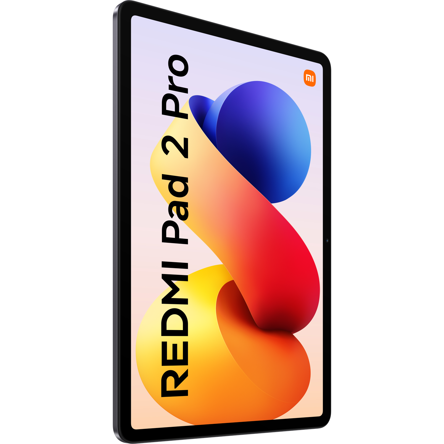 Een tablet met een zwart frame en een kleurrijk abstract ontwerp. Tekst luidt 'Redmi Pad 2 Pro'. Het Xiaomi-logo staat rechtsboven.