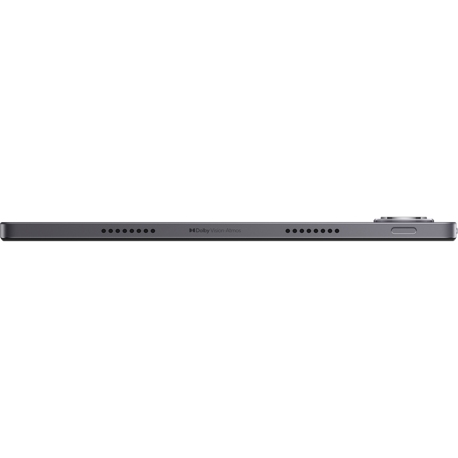 Zijaanzicht van een donkergrijze tablet. Het heeft een rij gaten, een aan/uit-knop en het Dolby Vision Atmos-logo.