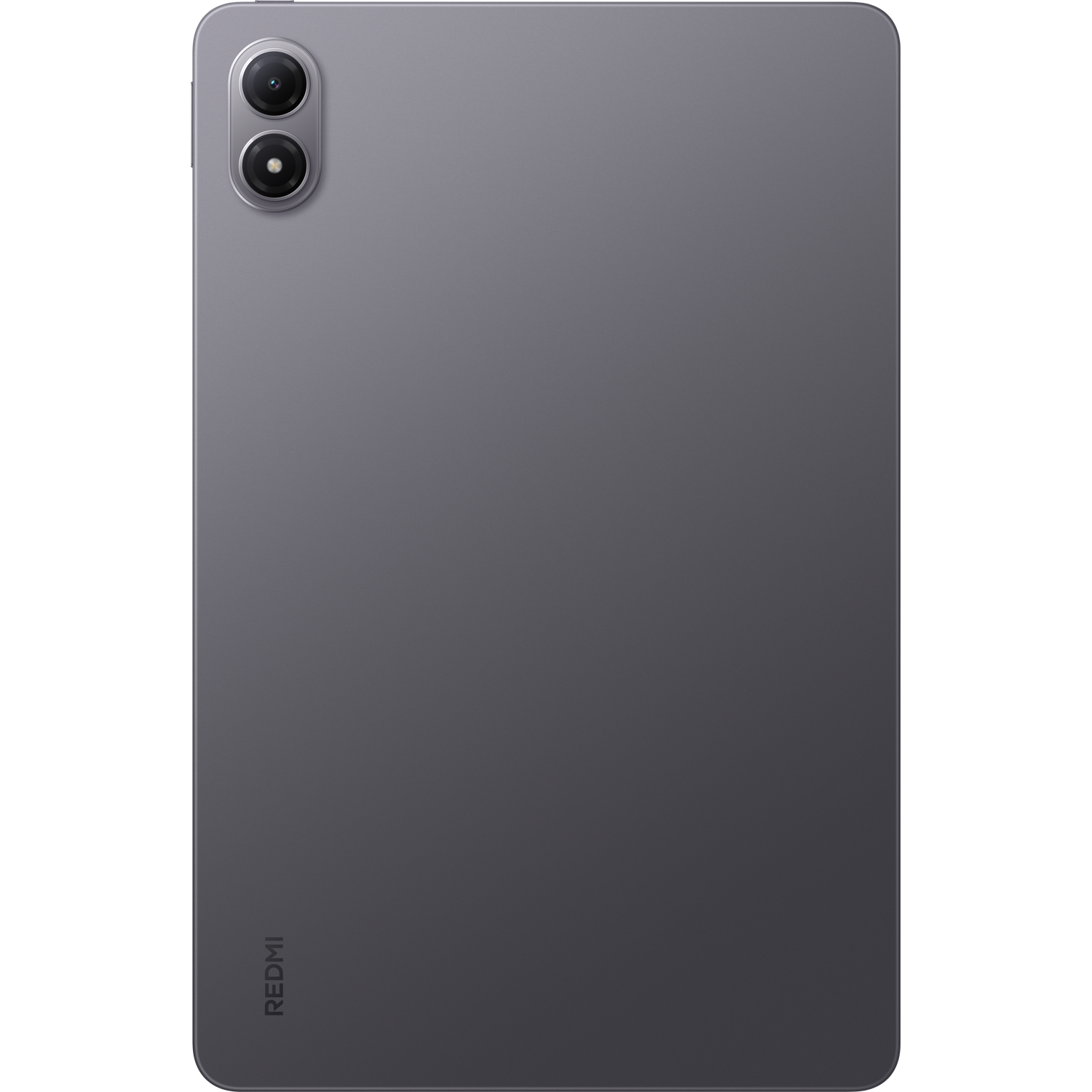 Achterkant van een donkergrijze Redmi-tablet. Het heeft twee cameralenzen bovenaan en het Redmi-logo onderaan.