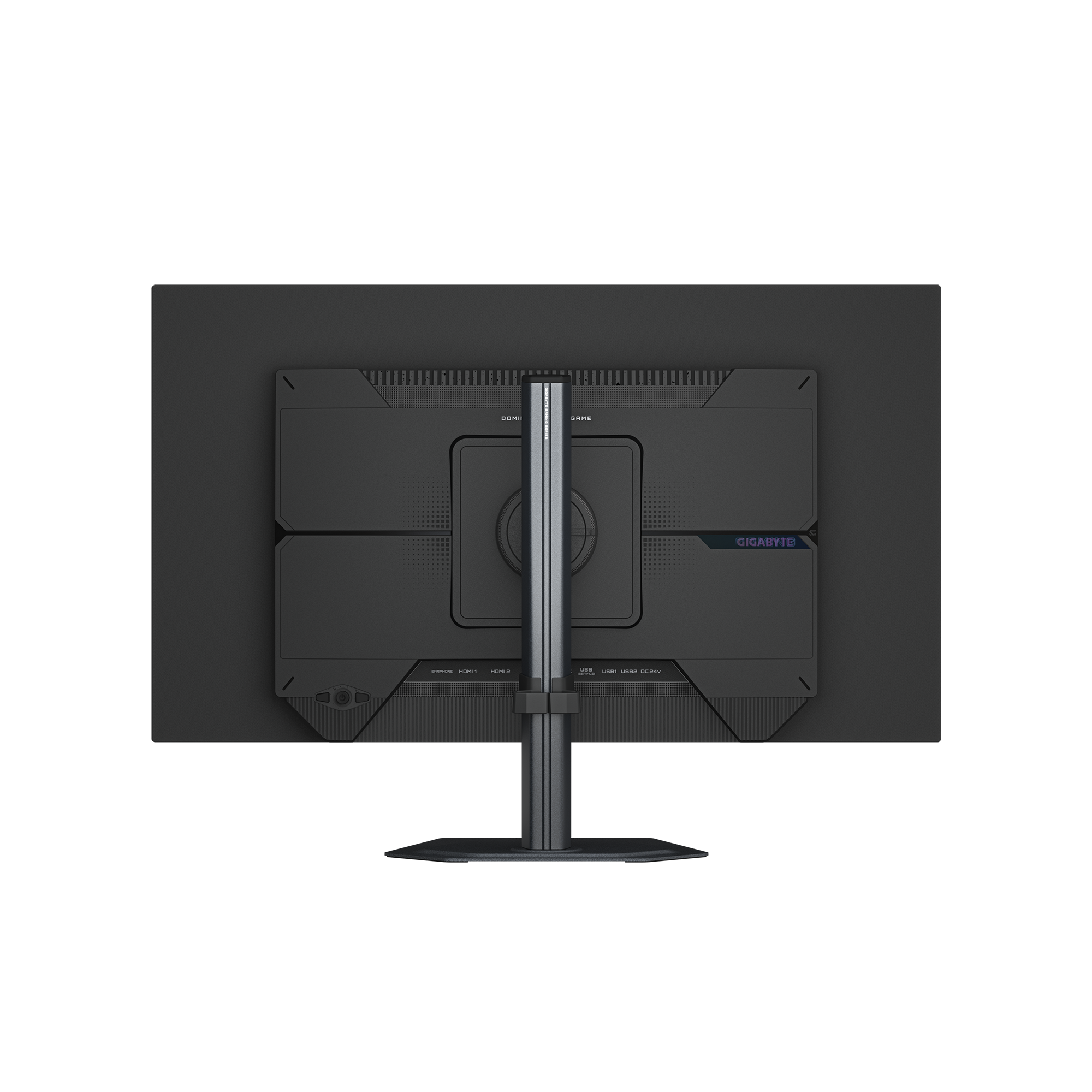 Rückansicht eines schwarzen Gigabyte-Gaming-Monitors. Merkmale sind HDMI-Anschlüsse, USB-Anschlüsse und ein Ständer.