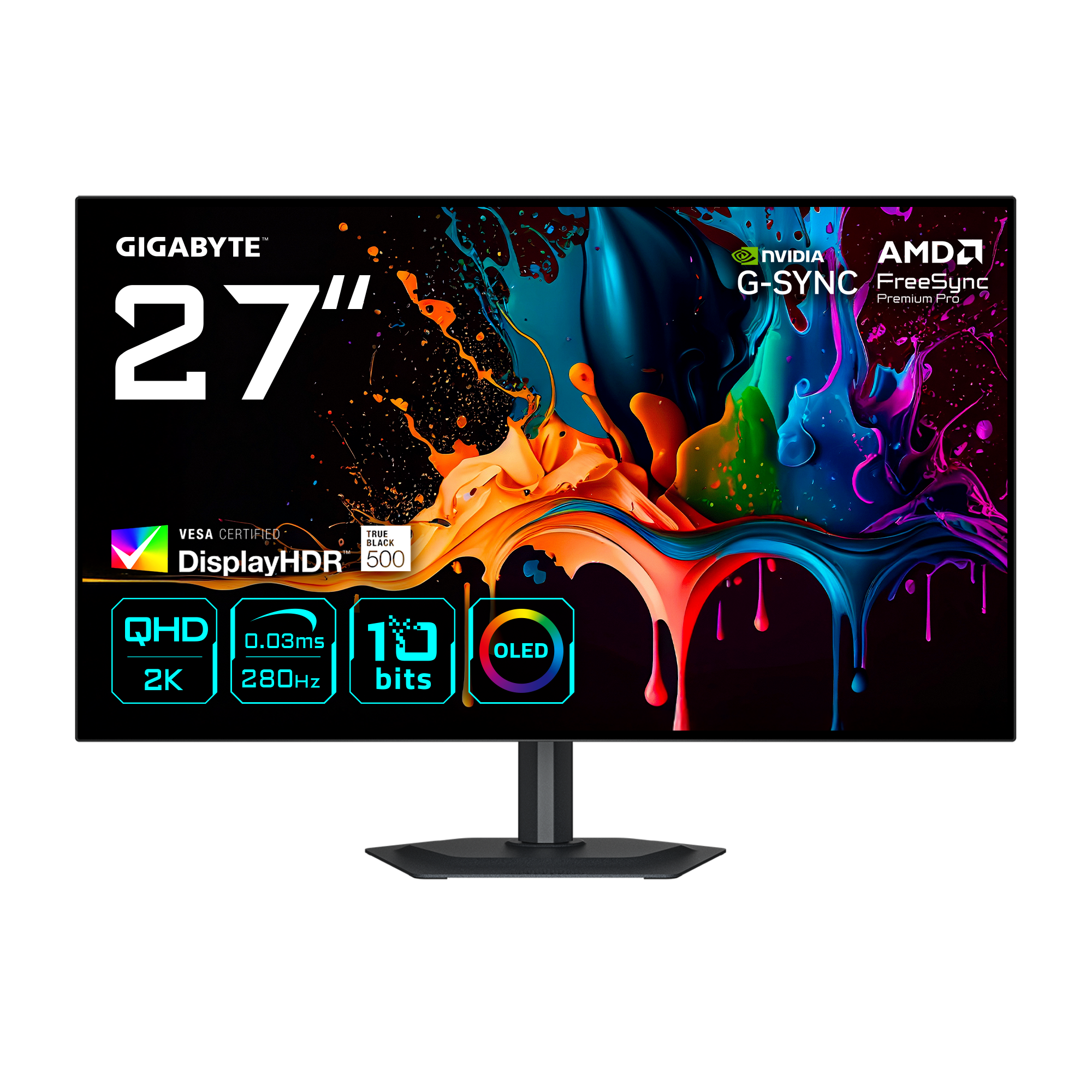 Gigabyte 27" OLED-Monitor. Merkmale: QHD 2K, 0,03 ms, 280 Hz, 10 Bit, DisplayHDR 500, G-SYNC und FreeSync.