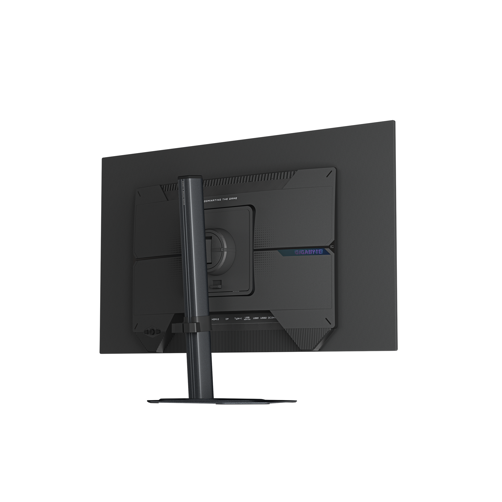 Rückansicht eines schwarzen Gigabyte-Gaming-Monitors. Merkmale sind Ständer, Anschlüsse und das Markenlogo.