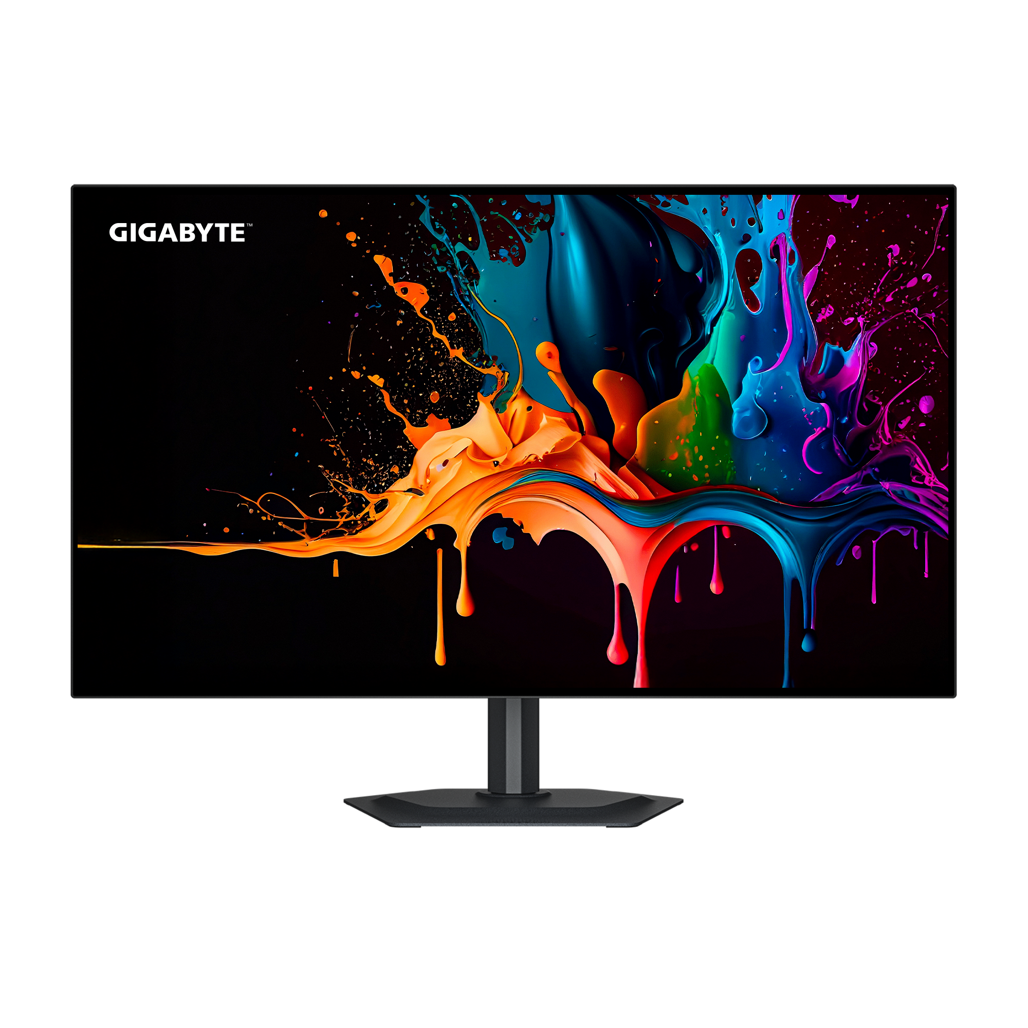 Ein Gigabyte-Monitor zeigt farbenfrohe Farbspritzer auf schwarzem Hintergrund. Der Monitor hat einen schwarzen Ständer.
