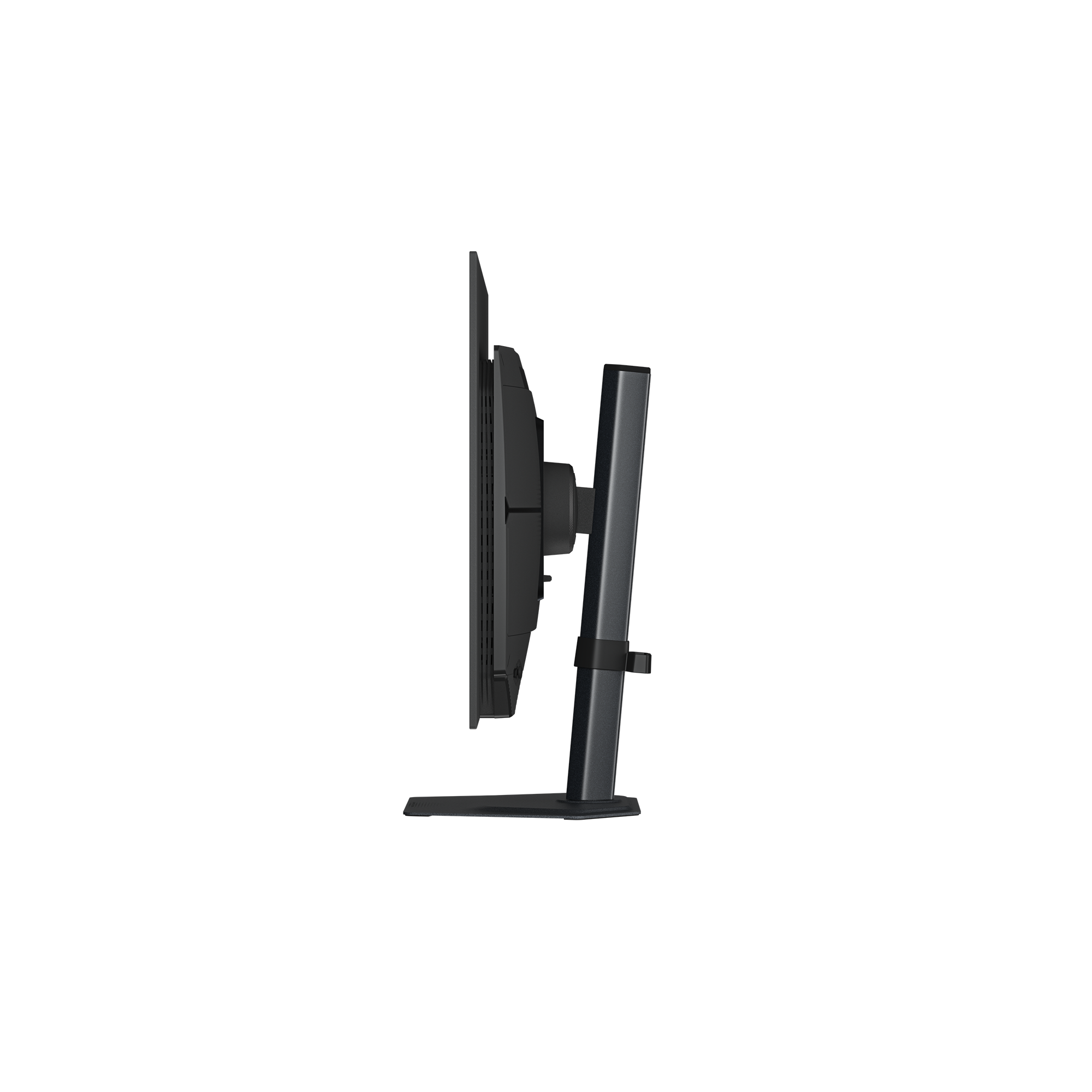 Ein schwarzer Computermonitor wird seitlich dargestellt. Er hat einen Ständer und einen verstellbaren Arm, vor weißem Hintergrund.