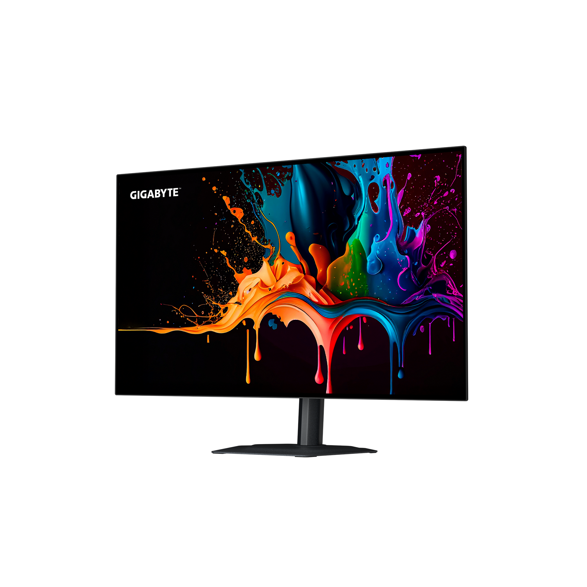 Ein Gigabyte-Monitor zeigt bunte Farbspritzer. Der Monitor ist schwarz mit einem schwarzen Ständer. Der Hintergrund ist weiß.