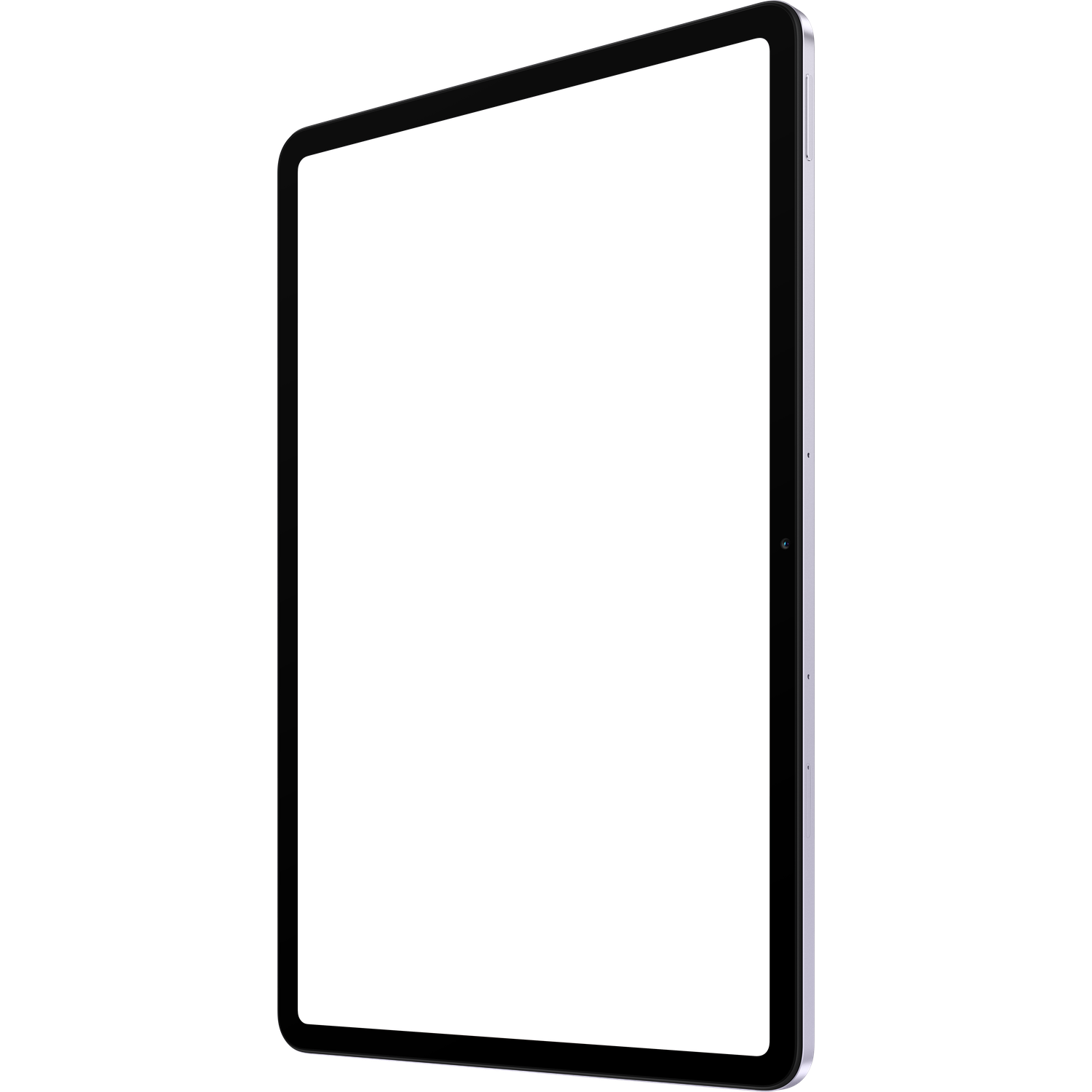 Een tablet met zwart scherm en zilveren frame is iets naar links gekanteld tegen een witte achtergrond. Cameralens zichtbaar.