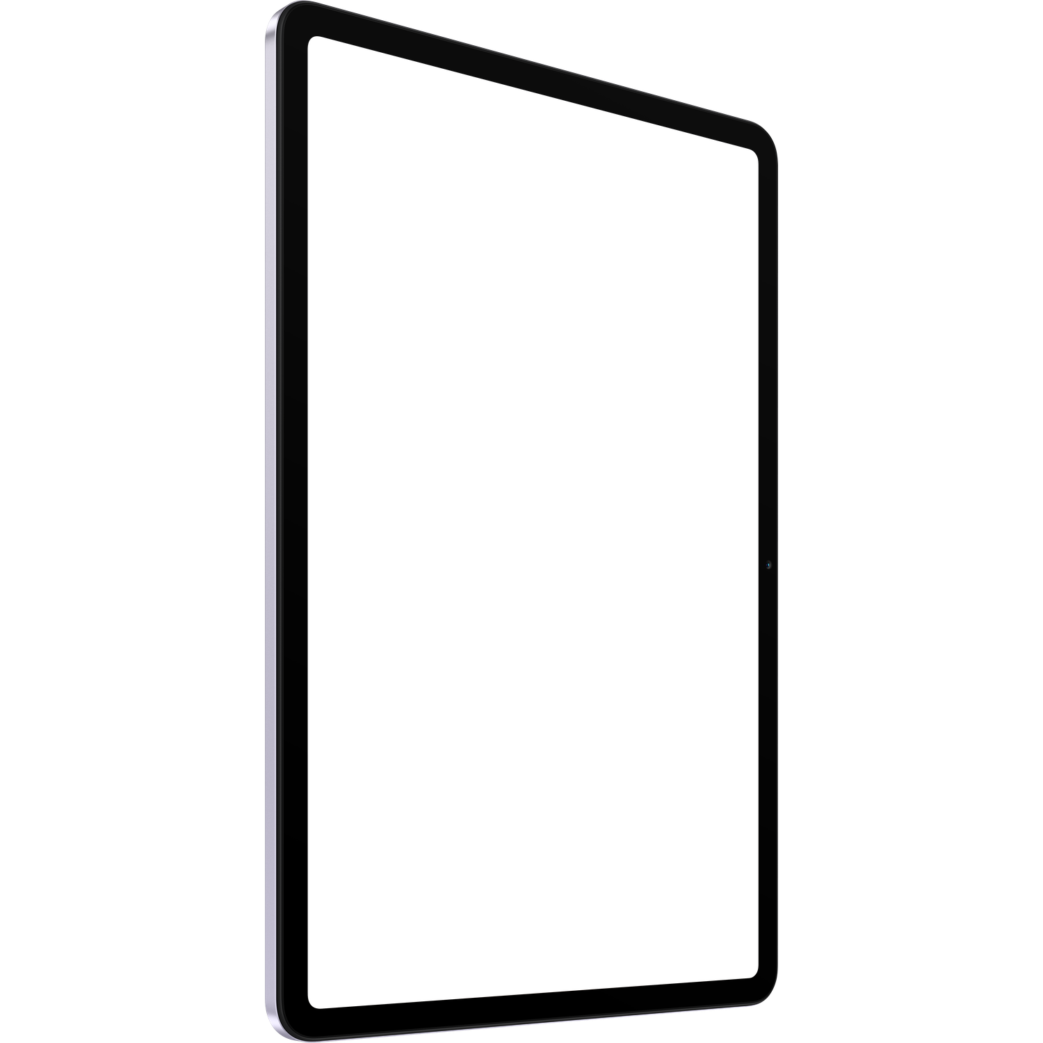 Een gekantelde tablet met een zwart scherm en een zilveren rand. De achtergrond is wit.
