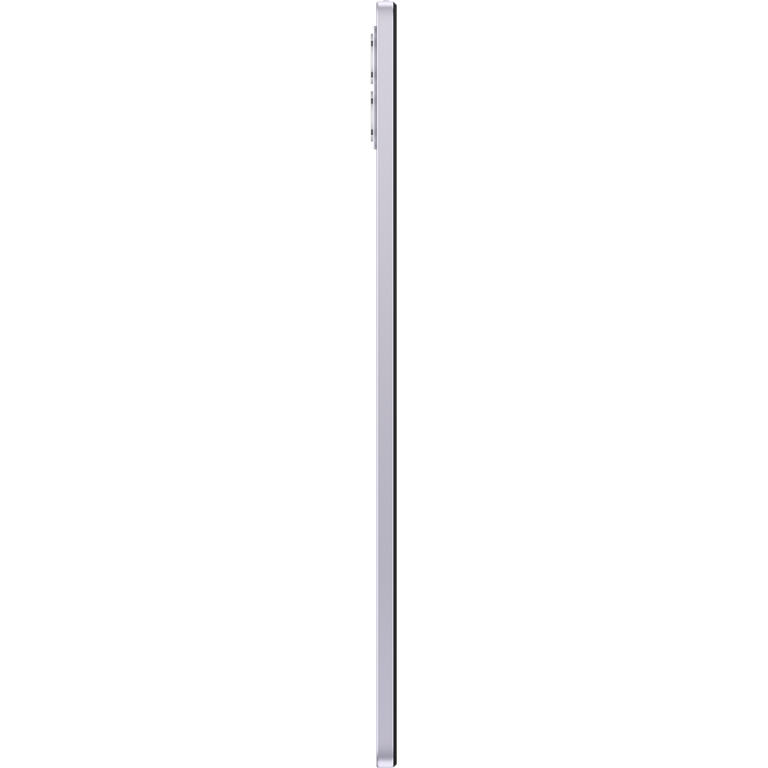 Zijaanzicht van een smartphone met een paars frame. De telefoon is dun, met een zwart scherm en een glanzende afwerking.