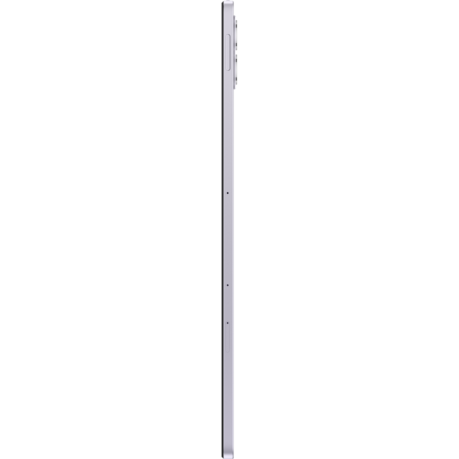 Zijaanzicht van een lavendelkleurige smartphone. Het heeft een volumeknop en een aan/uit-knop. Het scherm is zwart met een dunne rand.