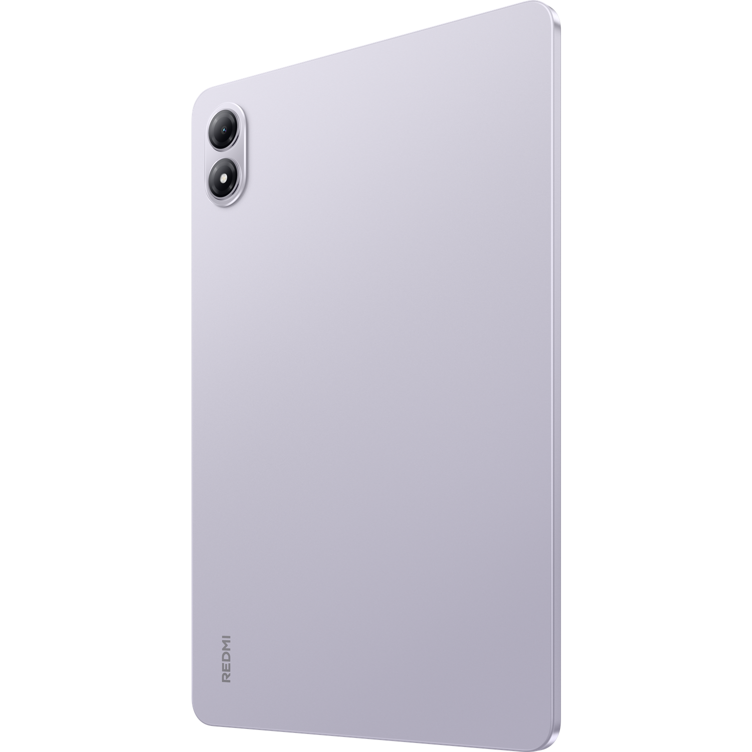Een lichtpaarse Redmi-tablet, achteraanzicht, met een dubbele camera-opstelling linksboven. Het Redmi-logo is verticaal uitgelijnd.