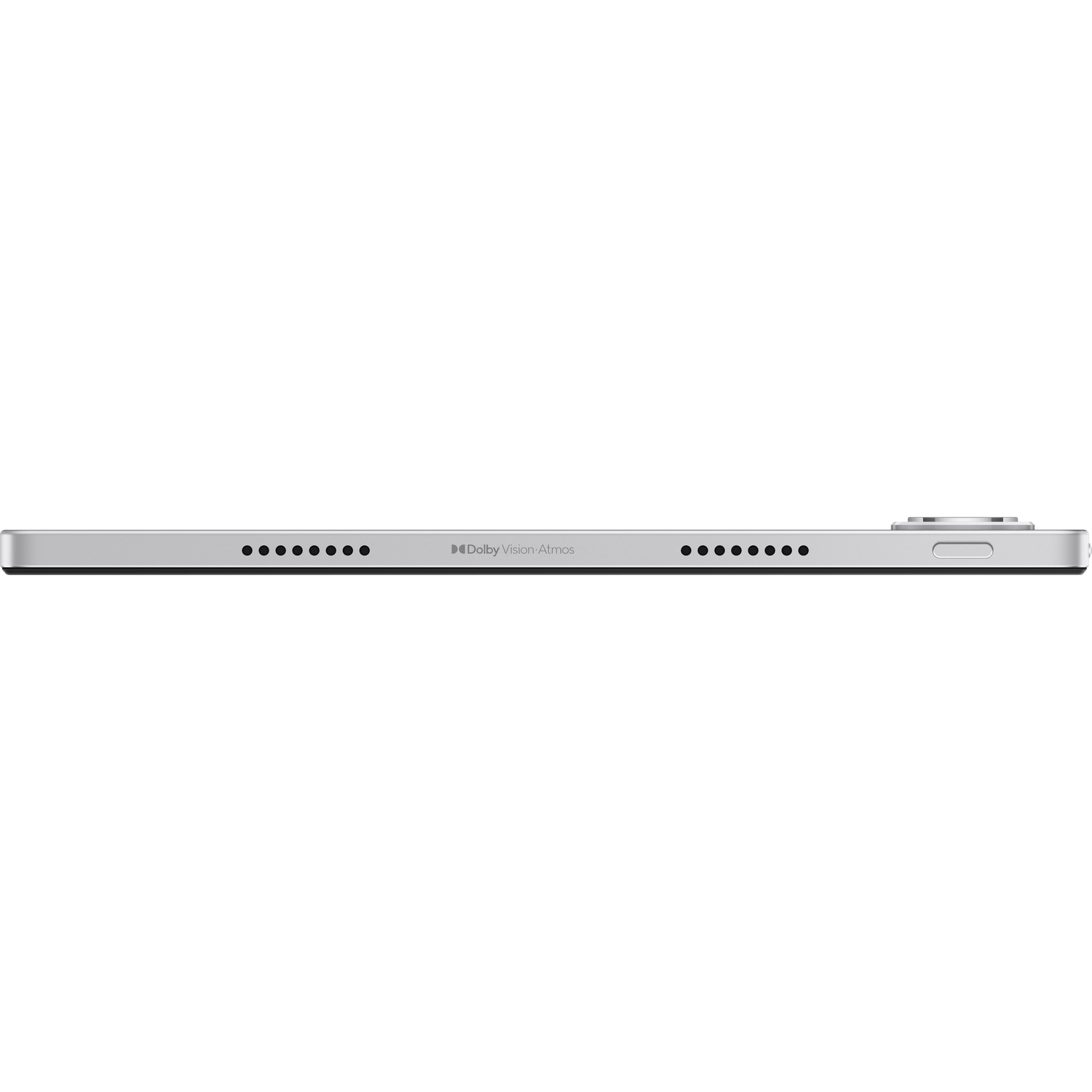 De onderkant van een zilveren tablet is te zien, met luidsprekers, een oplaadpoort en het Dolby Vision Atmos-logo op een witte achtergrond.