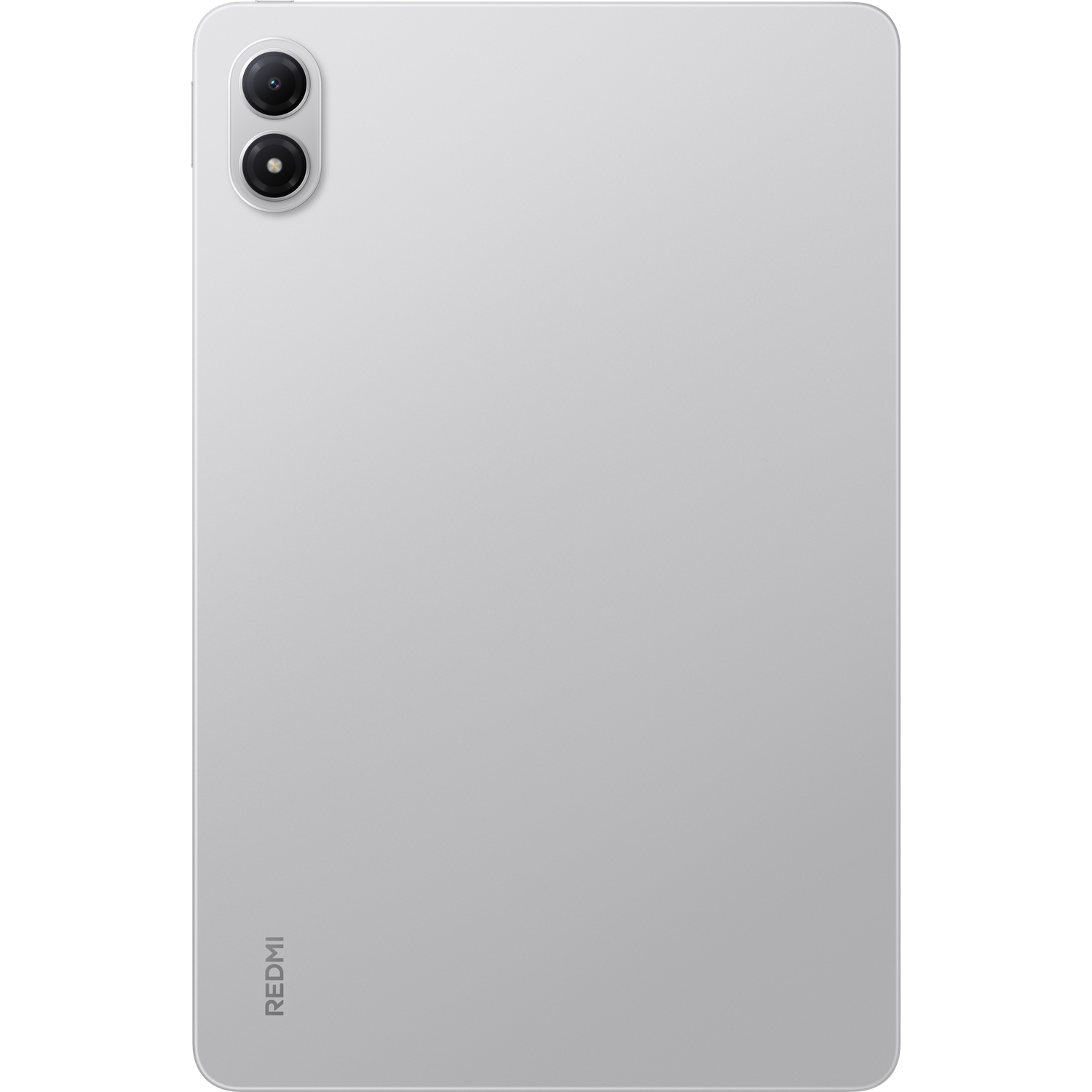 Achterkant van een lichtgrijze tablet. Twee cameralenzen linksboven. Het woord REDMI staat verticaal onderaan.
