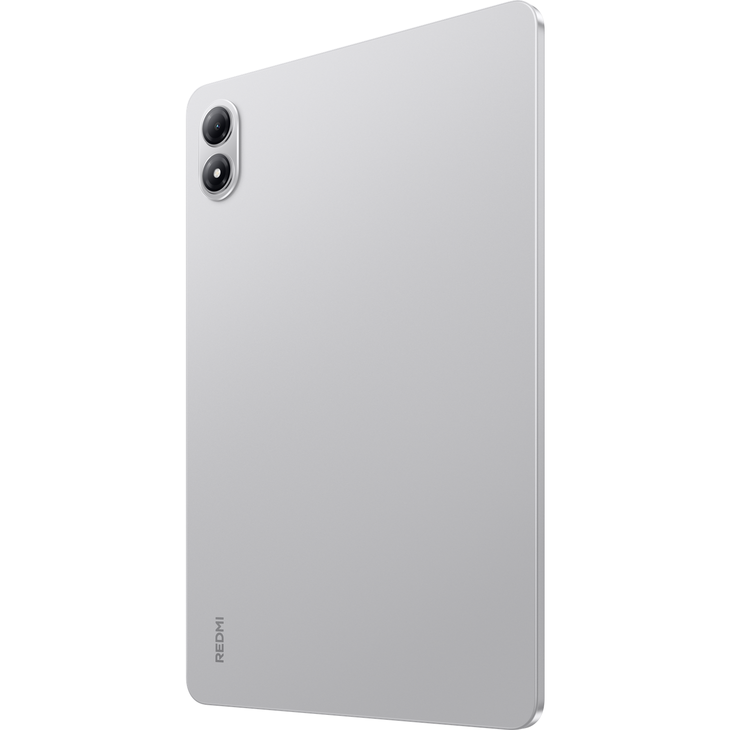 Een zilveren tablet, achteraanzicht, met een dubbele camera linksboven en het 'REDMI' logo verticaal onderaan.