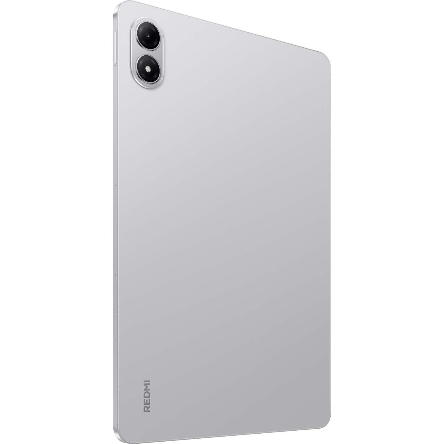 Een zilveren tablet met twee cameralenzen. Het Redmi-logo is zichtbaar. De tablet staat schuin en toont de zijkant en achterkant.