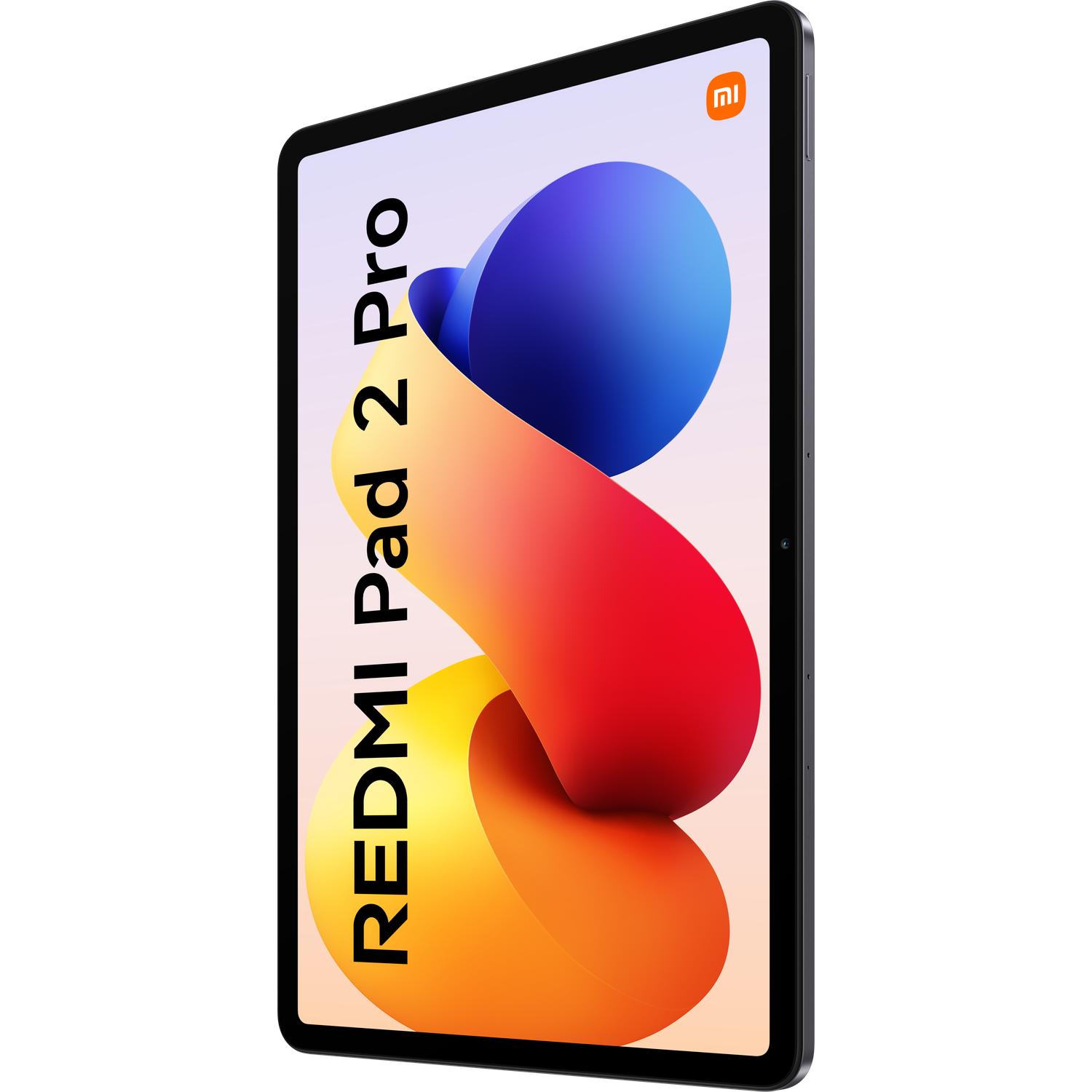 Xiaomi Redmi Pad 2 Pro tablet. Kleurrijk abstract ontwerp op het scherm. Zwart frame. Xiaomi logo. Redmi Pad 2 Pro tekst. Zwarte achtergrond.