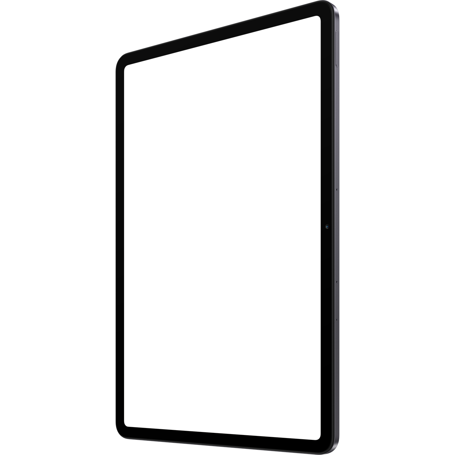 Een tablet, licht gekanteld. Het scherm is zwart. De rand is donkergrijs. Een cameralens en knoppen zijn zichtbaar.
