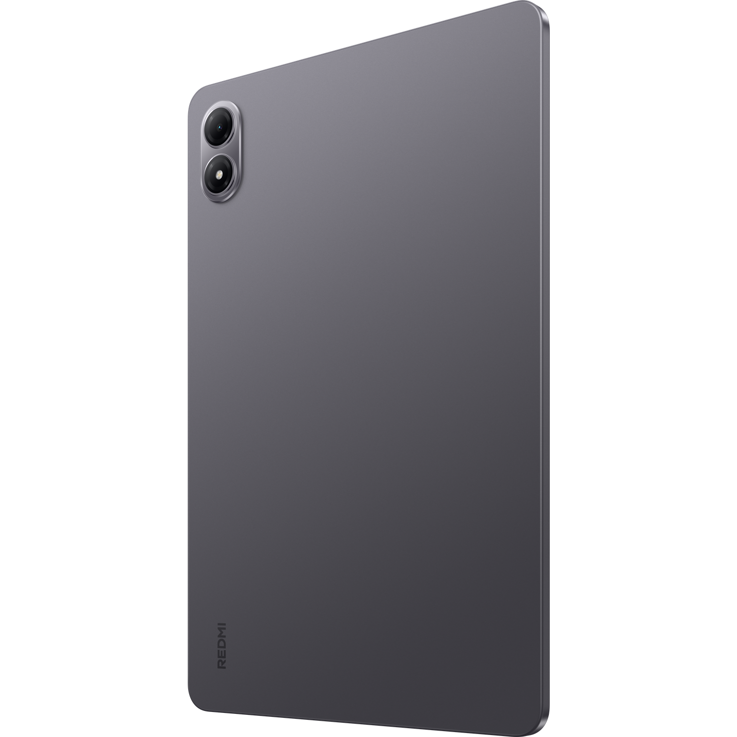 Een grijze Redmi tablet. Het heeft een dubbele camera aan de bovenkant en het Redmi-logo onderaan. De tablet staat schuin.
