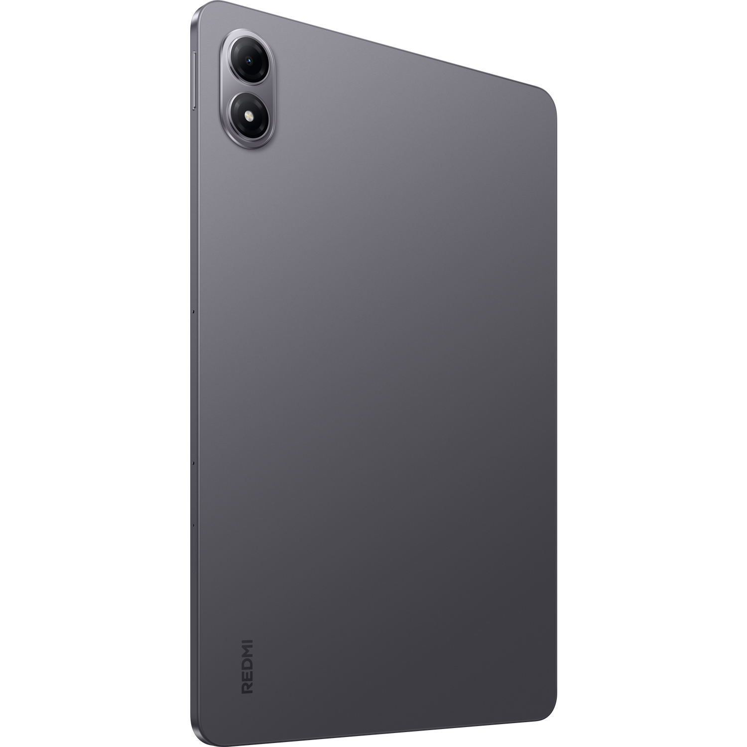 Een grijze tablet met dubbele camera's. Het Redmi-logo is zichtbaar. De tablet staat schuin en toont de achterkant en zijkant.