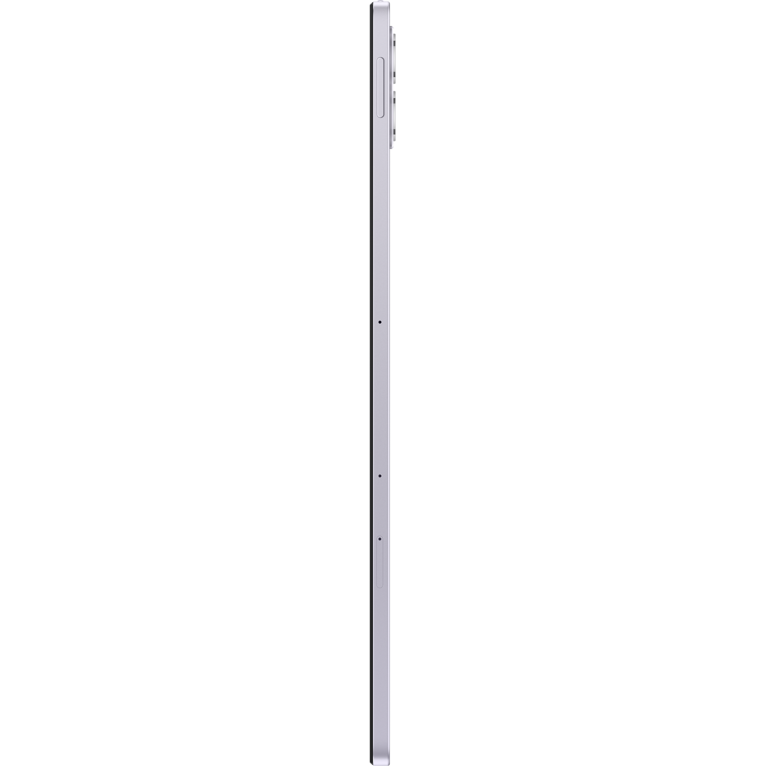 Zijaanzicht van een slanke, lichtpaarse smartphone. Knoppen zijn zichtbaar langs de rand. Het scherm is zwart.