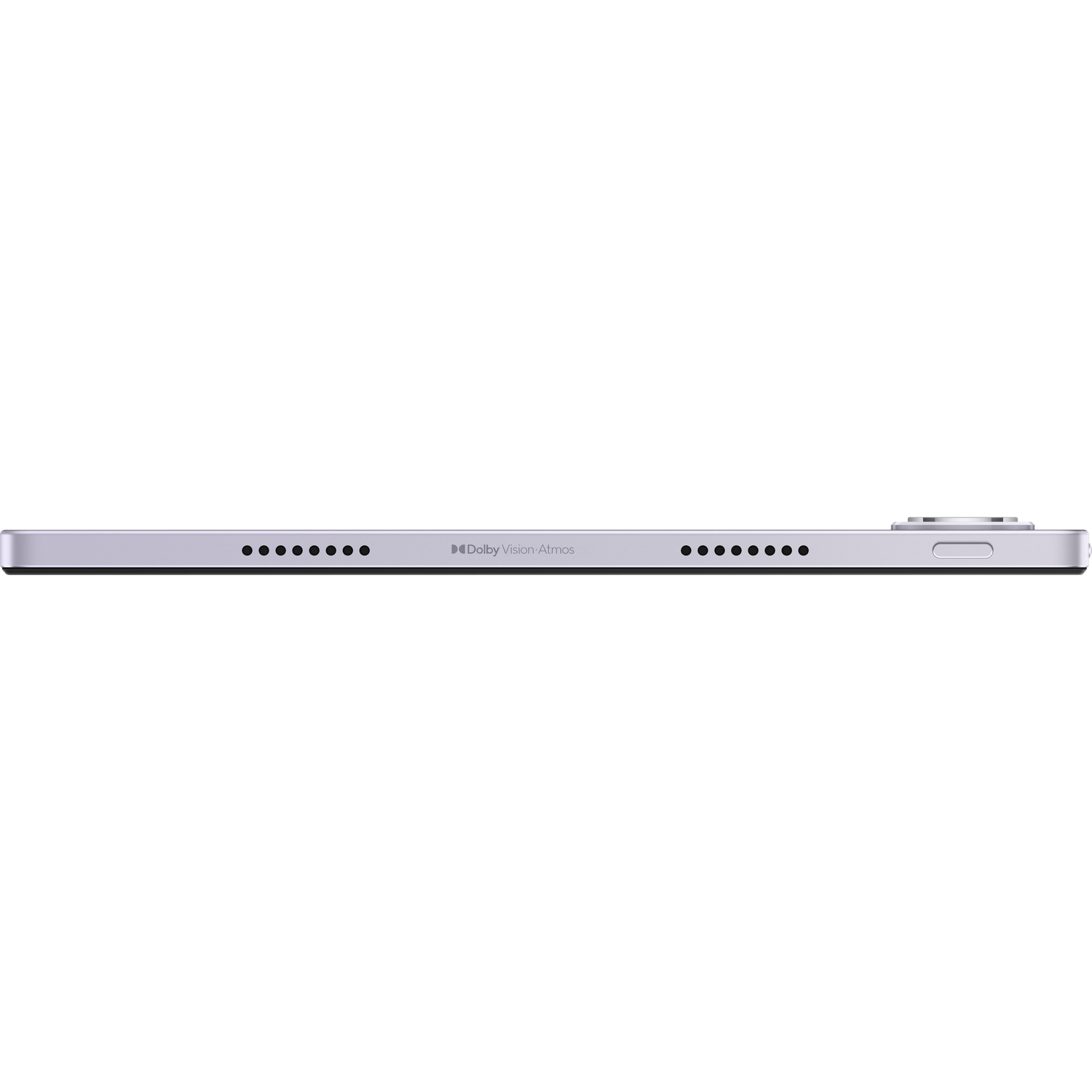 De zijkant van een zilveren tablet is zichtbaar. Het heeft luidsprekergaten, een aan/uit-knop en het Dolby Vision Atmos-logo. De achtergrond is wit.