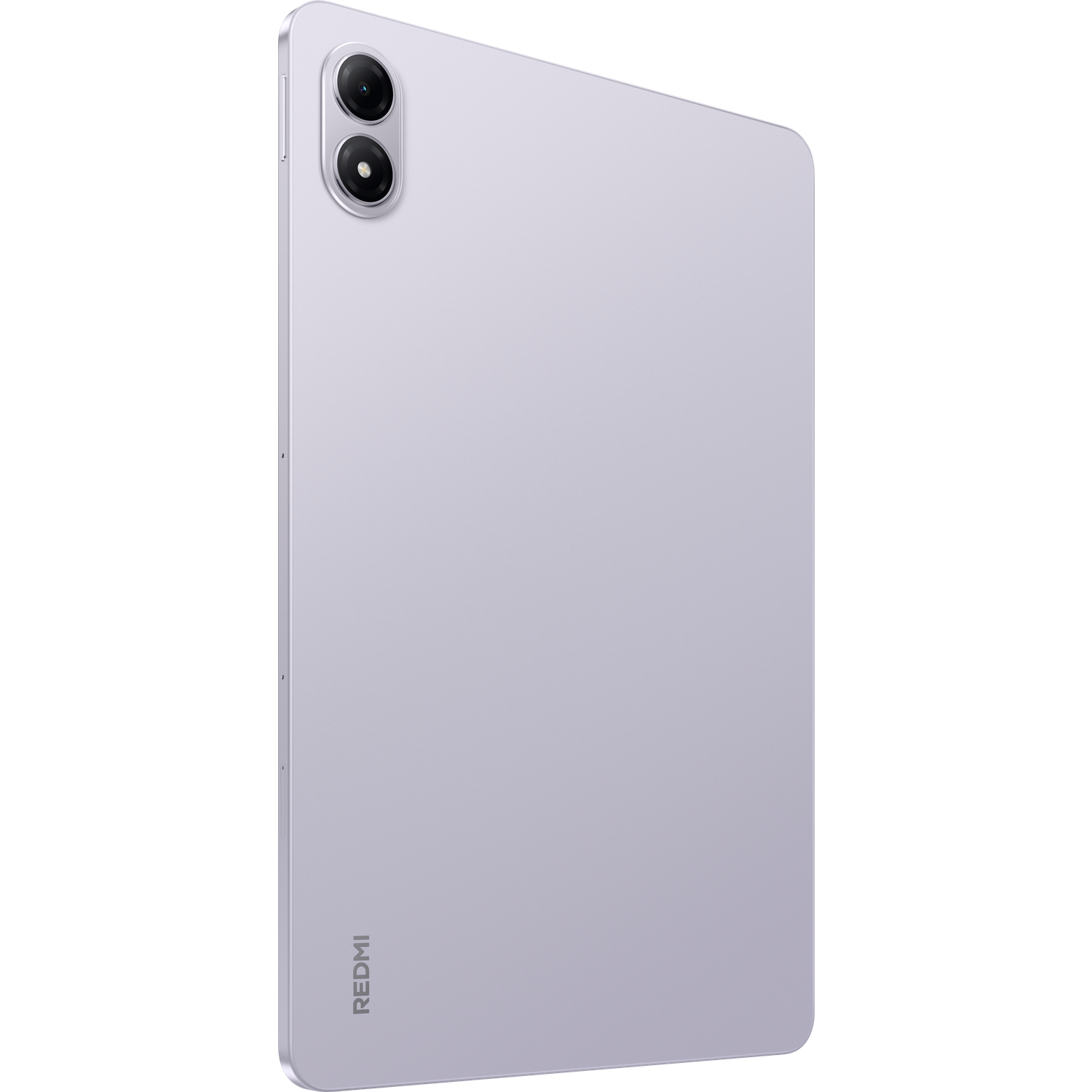 Een lichtpaarse tablet met twee cameralenzen en het Redmi-logo. De tablet staat op een witte achtergrond.