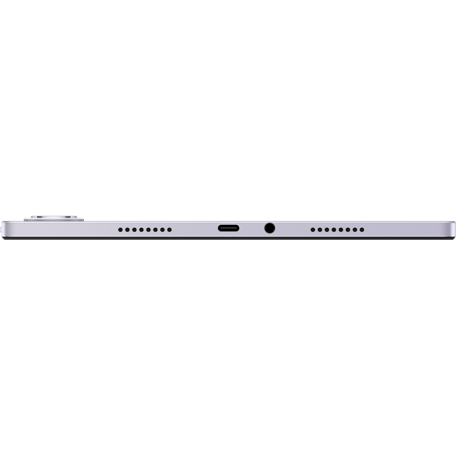 Een close-up van de zijkant van een tablet. Zilveren rand, kleine zwarte stippen, een gat en een sleuf zijn zichtbaar.