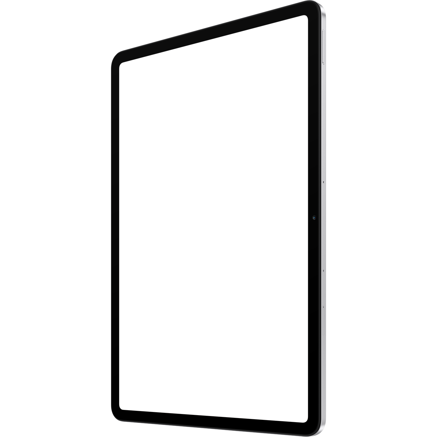 Een tablet met een zwart scherm wordt in een hoek getoond. De tablet heeft een zilveren frame en een kleine camera aan de bovenkant.