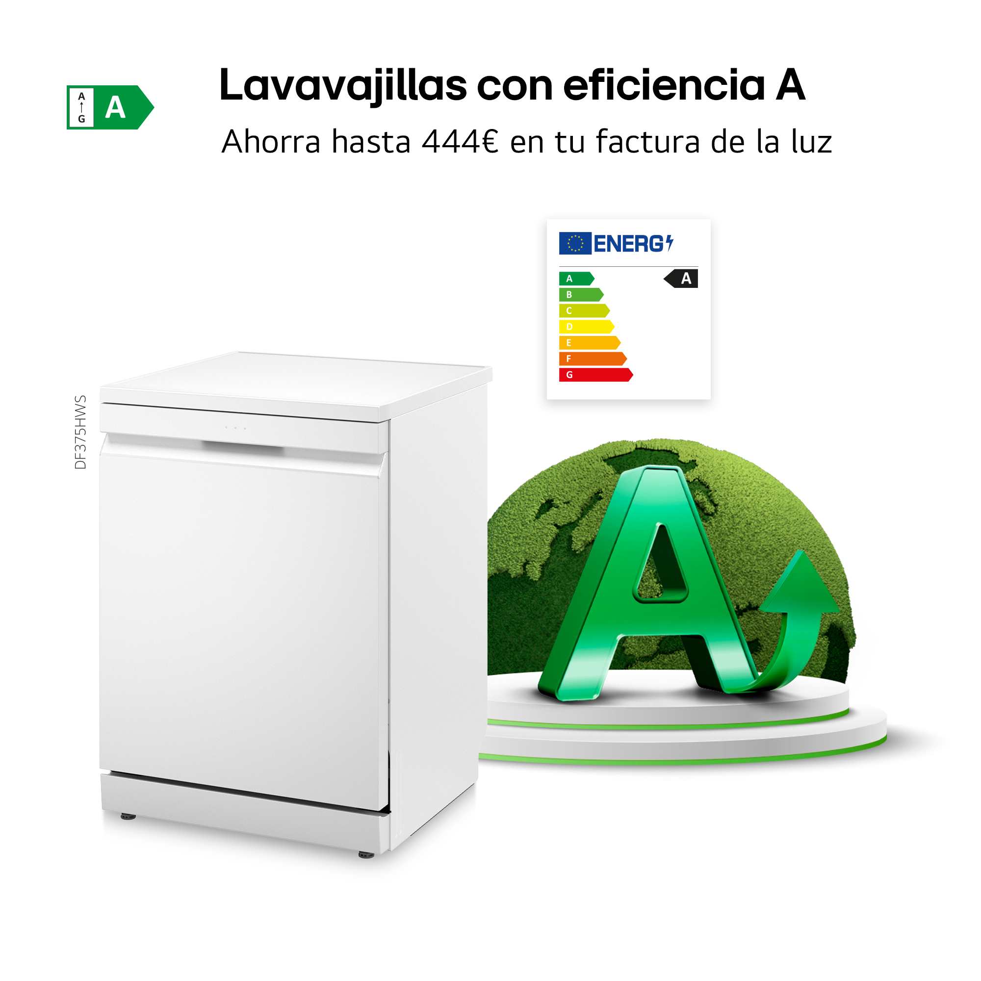 Lavavajillas blanco con eficiencia energética A, ahorra hasta 444€ en la factura de la luz, con símbolo A verde.