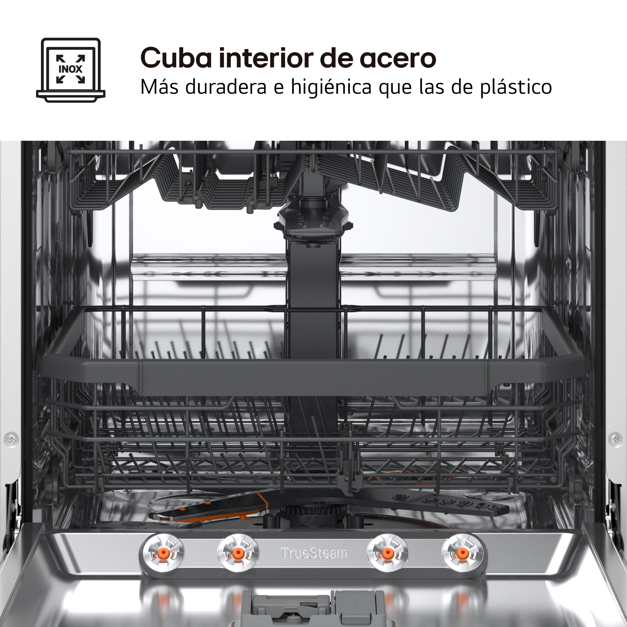 Interior de lavavajillas con componentes de acero inoxidable. Se ven rejillas, brazos rociadores y el logotipo TrueSteam. Texto: 'Más duradero e higiénico'.