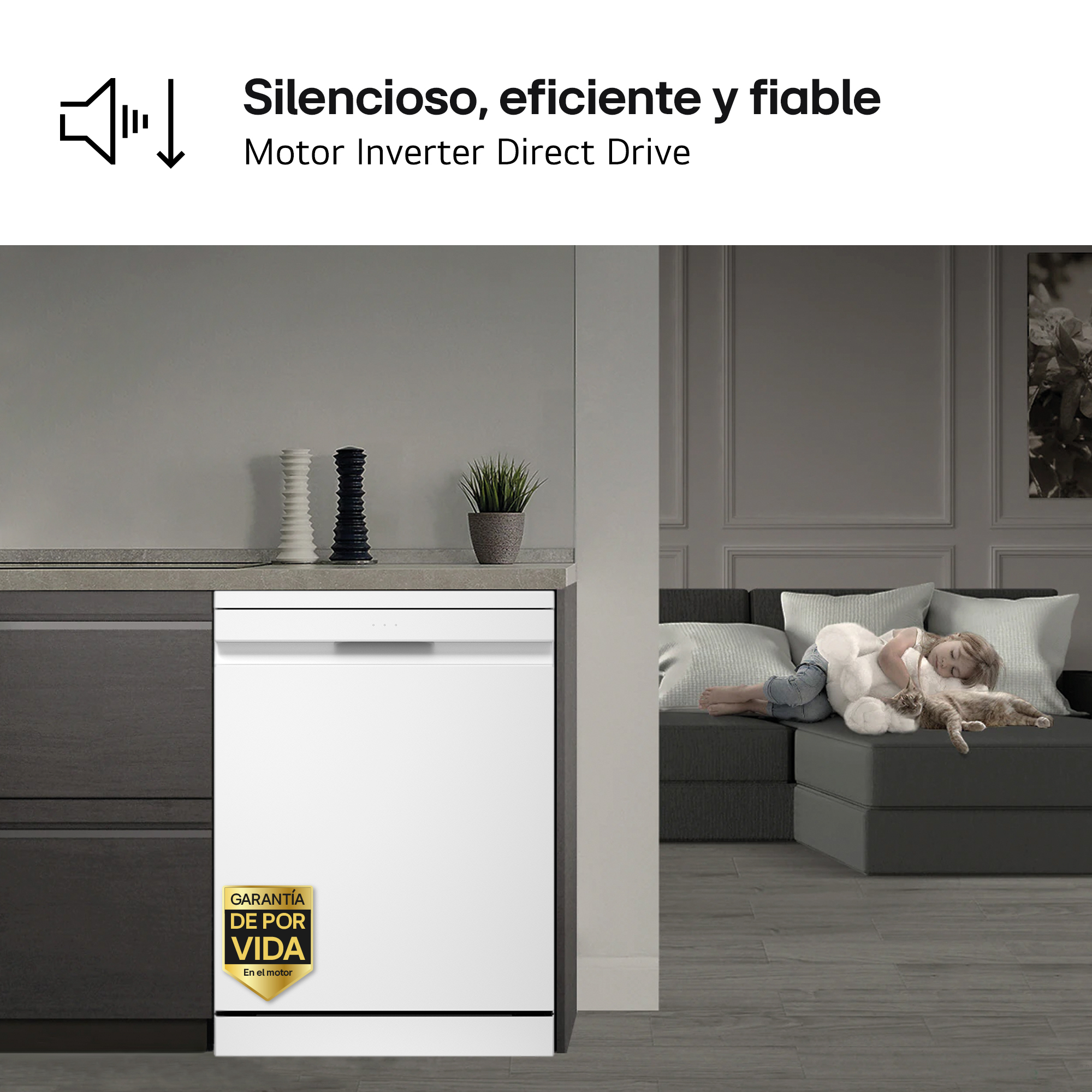 Un lavavajillas blanco, un niño durmiendo con un gato en un sofá y el texto "Silencioso, eficiente y fiable".